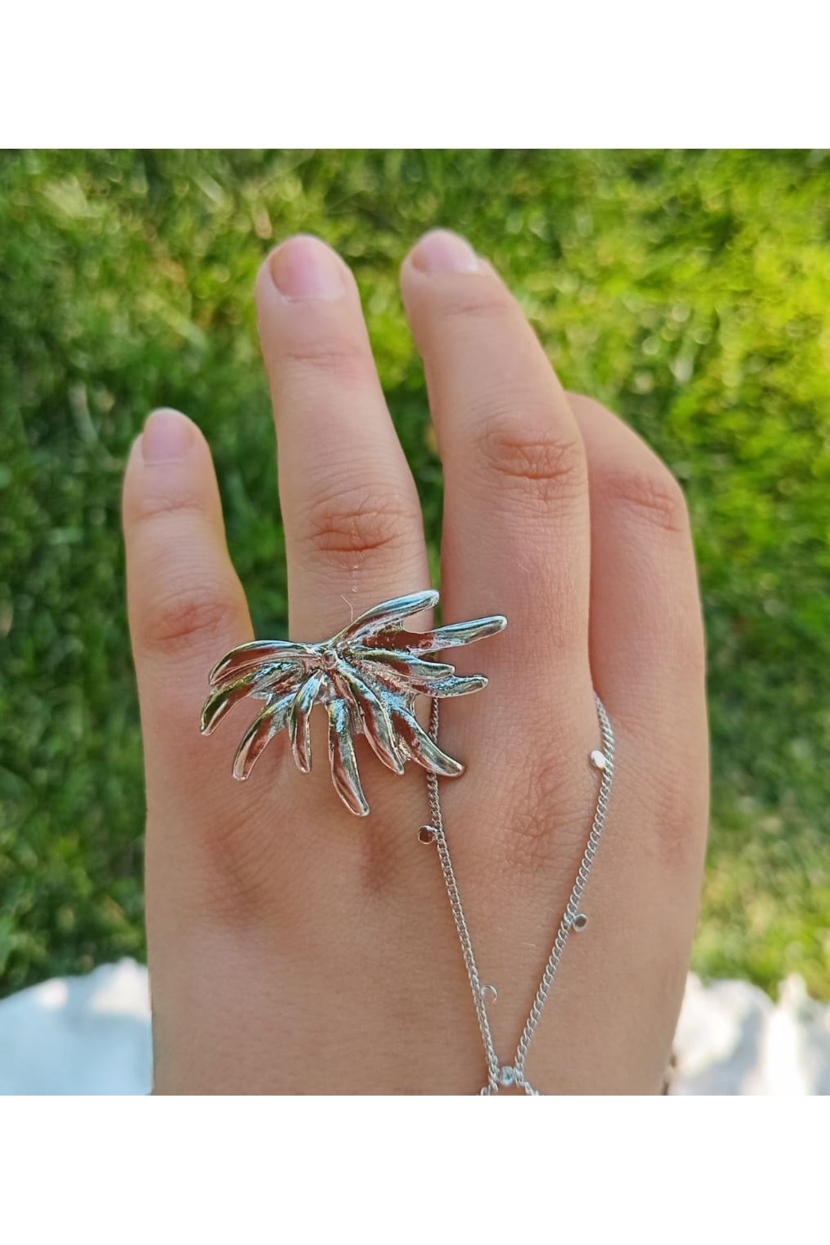 Gümüş Ayarlanabilir Yarım Çiçek Yüzük 4cm