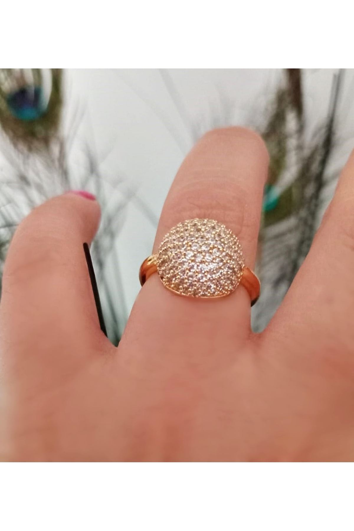 Gold Zirkon Taşlı Top Ayarlanabilir Şık Yüzük