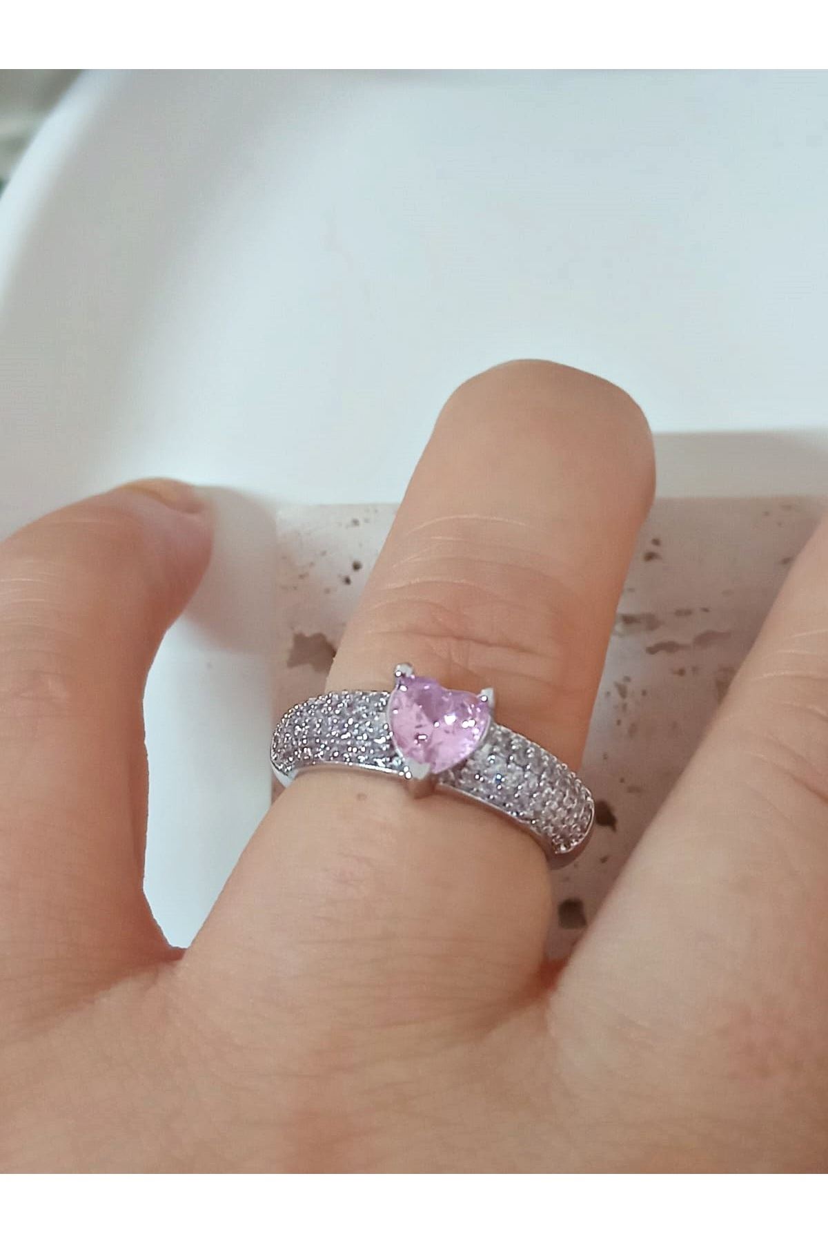 Gümüş Pembe Kalp Zirkon Taşlı , Tektaş , Ayarlanabilir Şık Yüzük