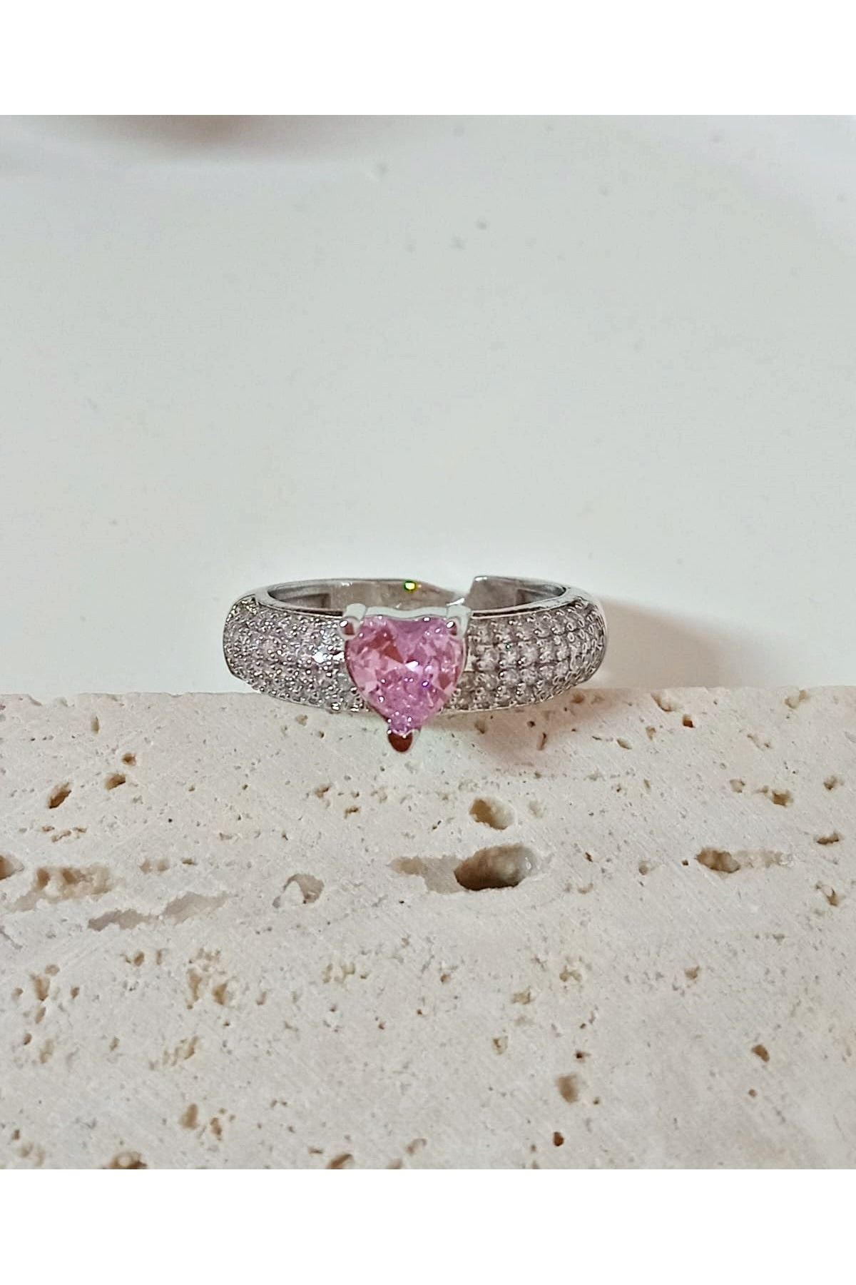 Gümüş Pembe Kalp Zirkon Taşlı , Tektaş , Ayarlanabilir Şık Yüzük