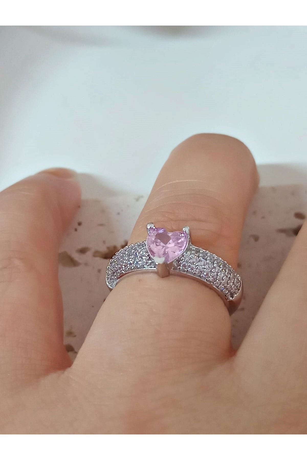 Gümüş Pembe Kalp Zirkon Taşlı , Tektaş , Ayarlanabilir Şık Yüzük