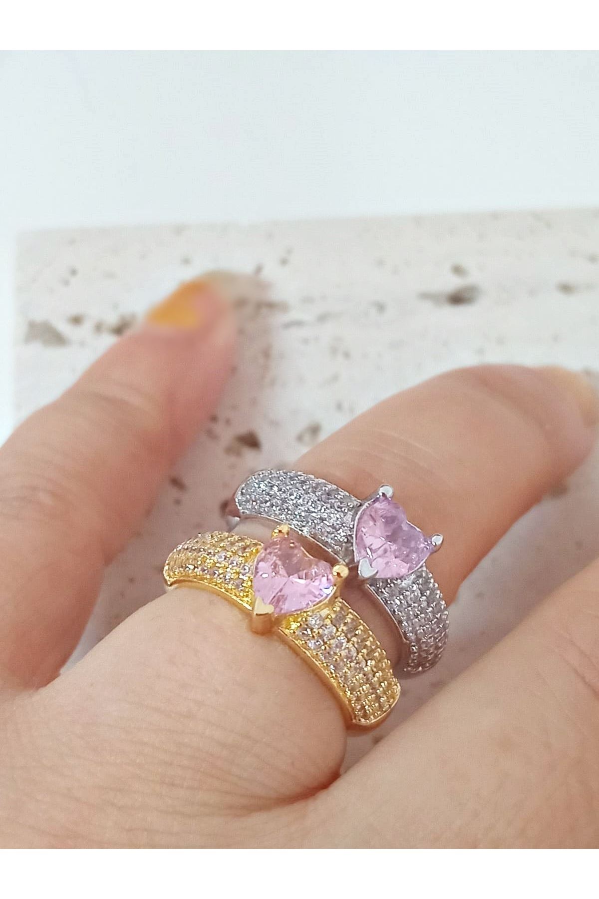 Gümüş Pembe Kalp Zirkon Taşlı , Tektaş , Ayarlanabilir Şık Yüzük