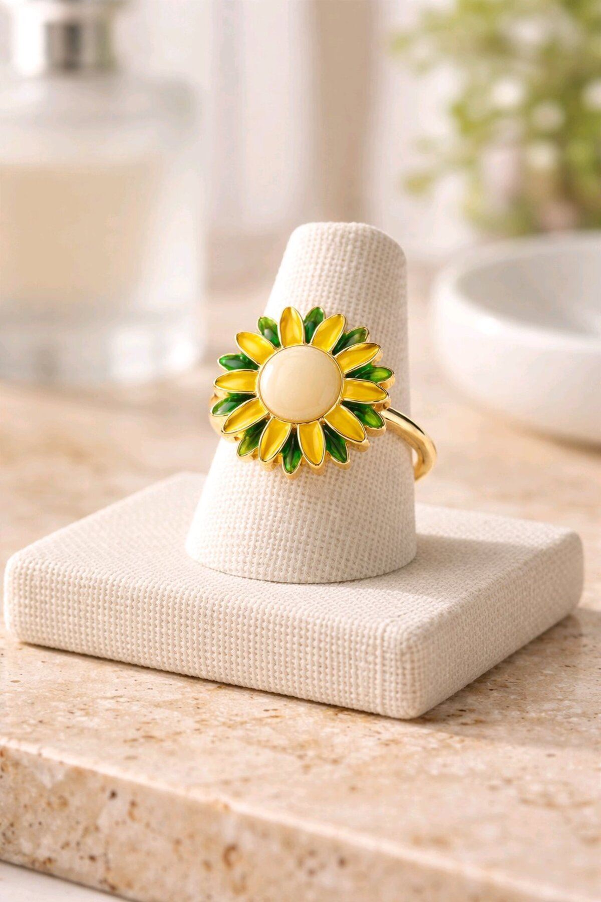 Dönen Yeşil Sarı Çiçek Ayarlanabilir Şık Yüzük, Stres Yüzüğü