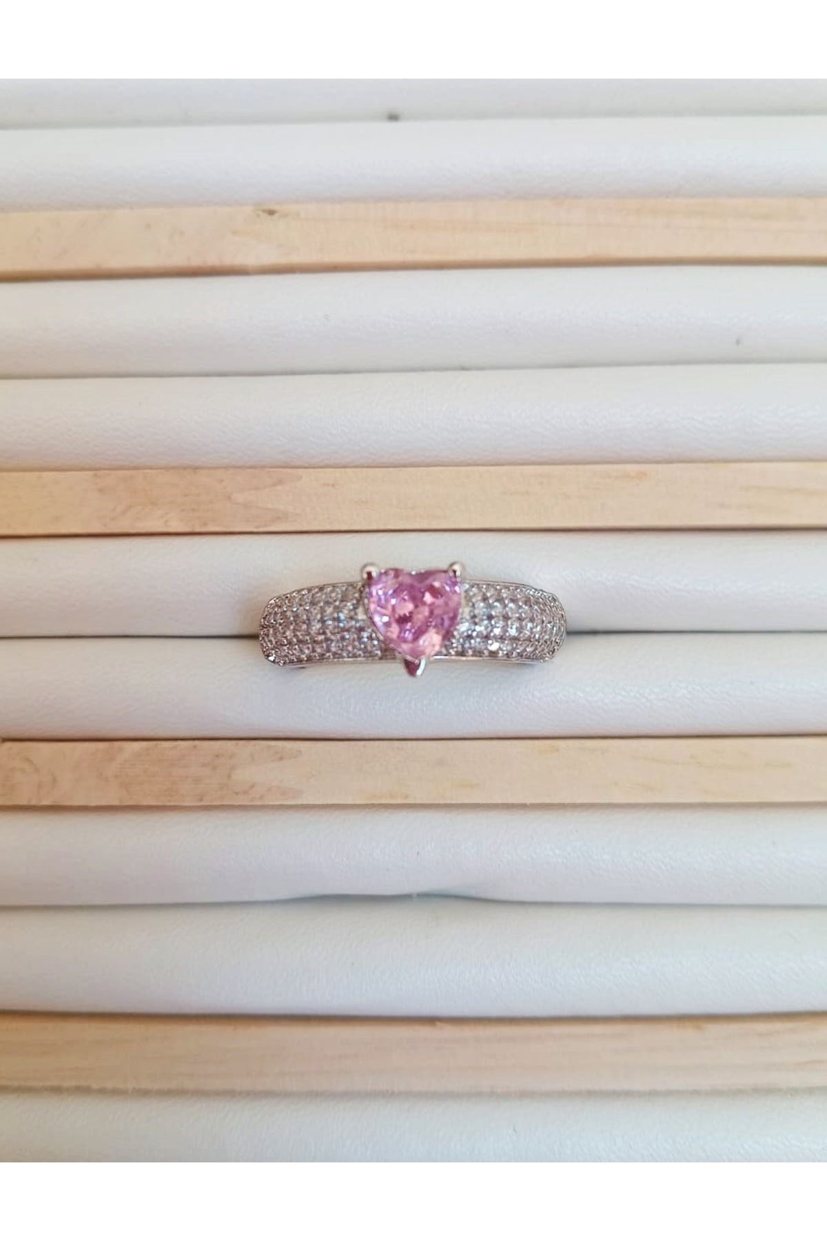 Gümüş Pembe Kalp Zirkon Taşlı , Tektaş , Ayarlanabilir Şık Yüzük