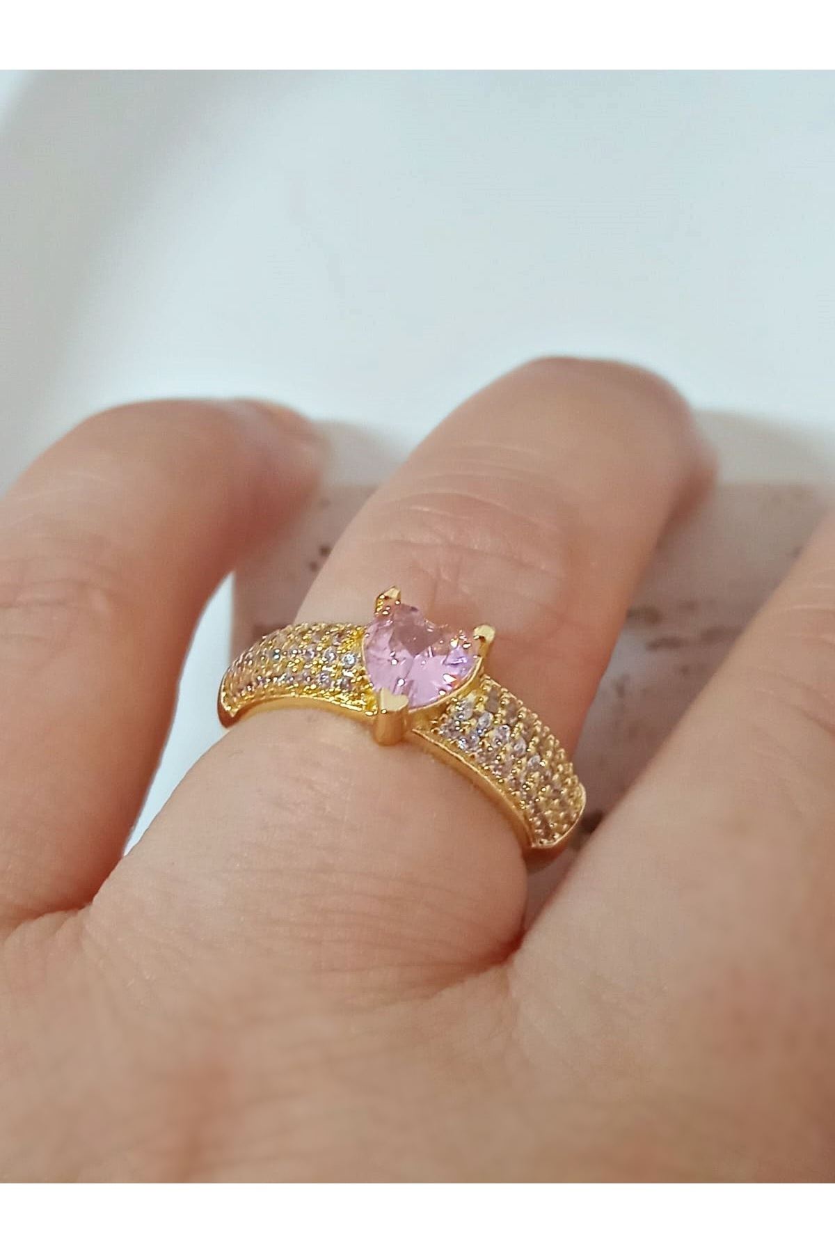 Gold Pembe Kalp Zirkon Taşlı , Tektaş , Ayarlanabilir Şık Yüzük