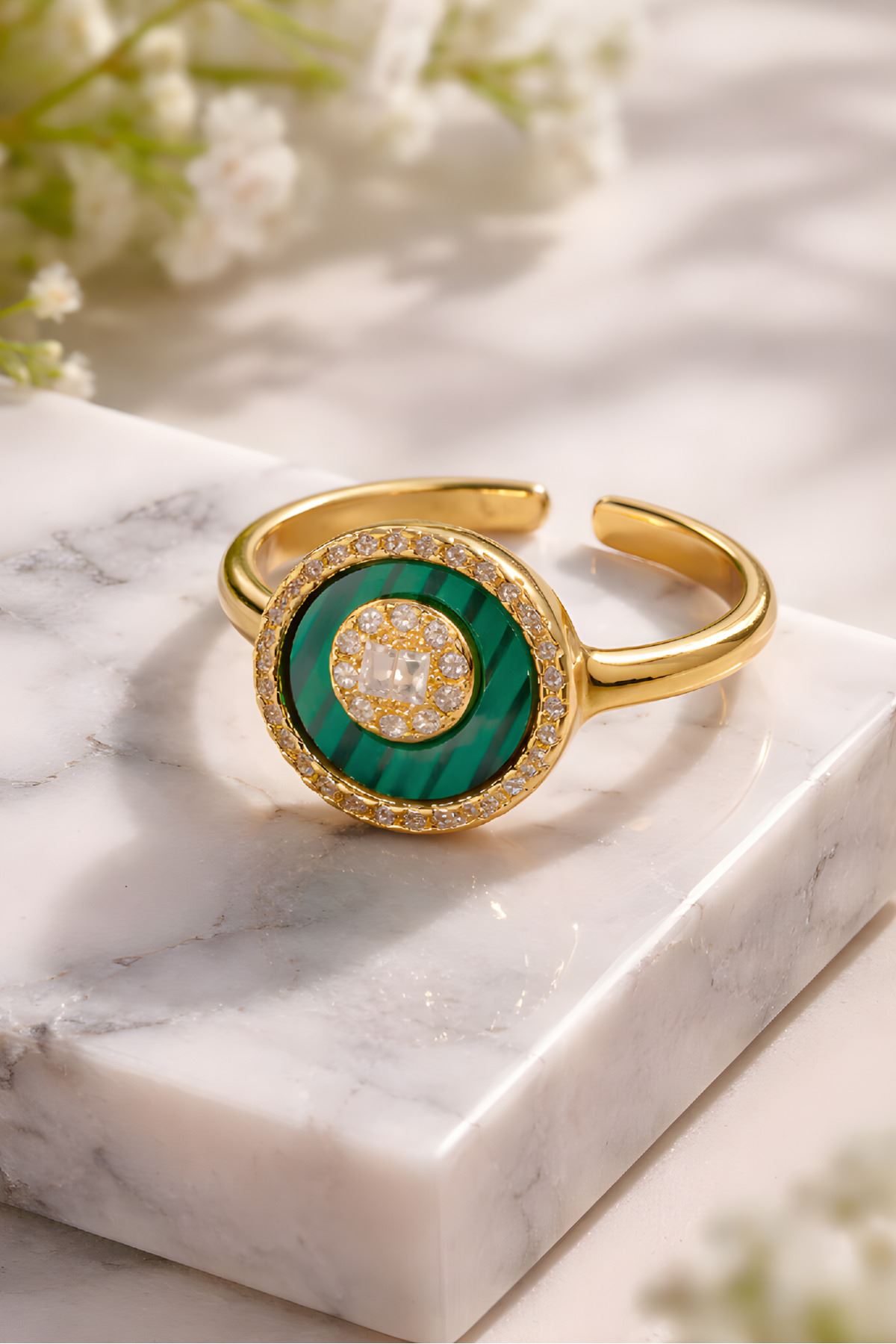 Marka Model, Çelik Gold Taşlı Yeşil Yüzük, Ayarlanabilir