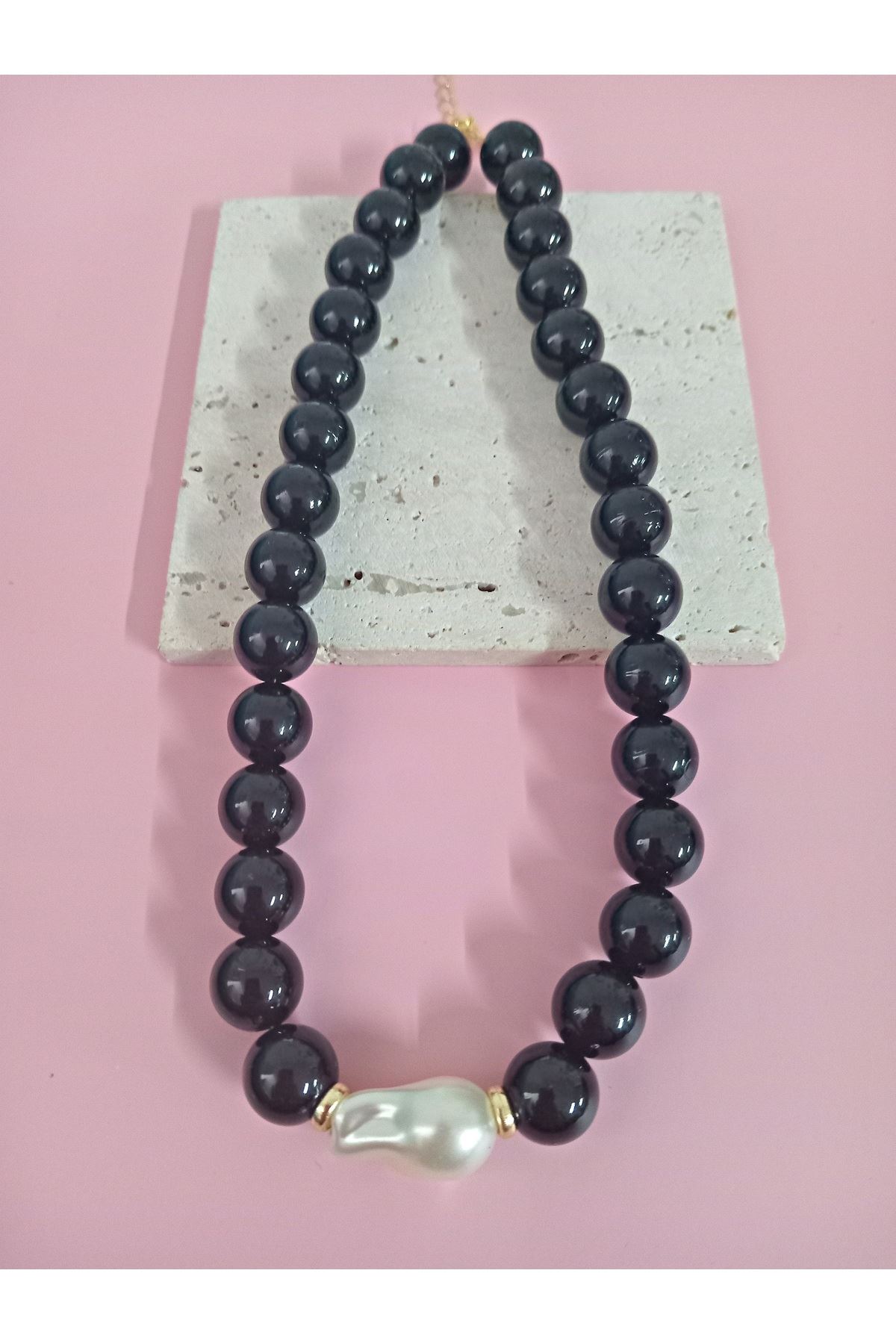 Siyah Boncuklu İncili (44cm +6cm) Şık Kadın Kolye