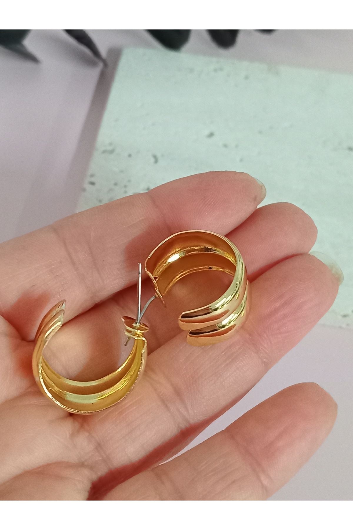 Gold Yalı Çapkını Pelo Küpe, Çiftli Halka Küpe