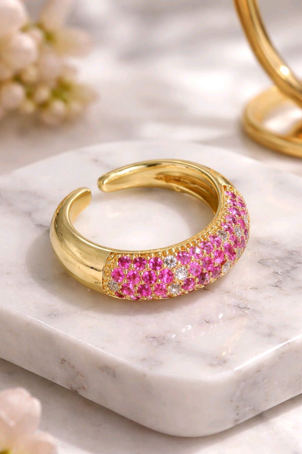 Çelik Gold Pembe Taşlı Ayarlanabilir Yüzük