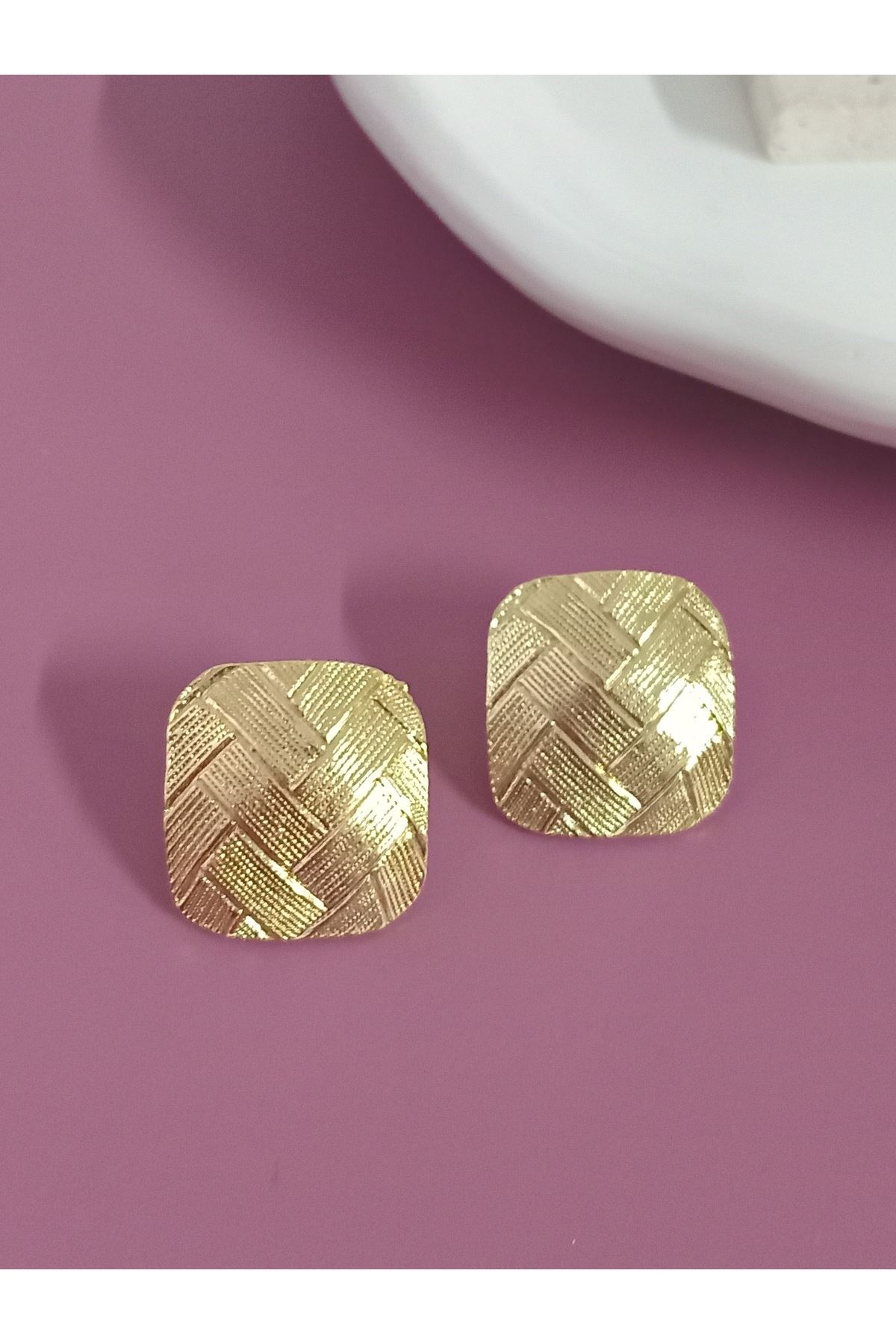 Gold Ekose Plaka Kadın Küpe