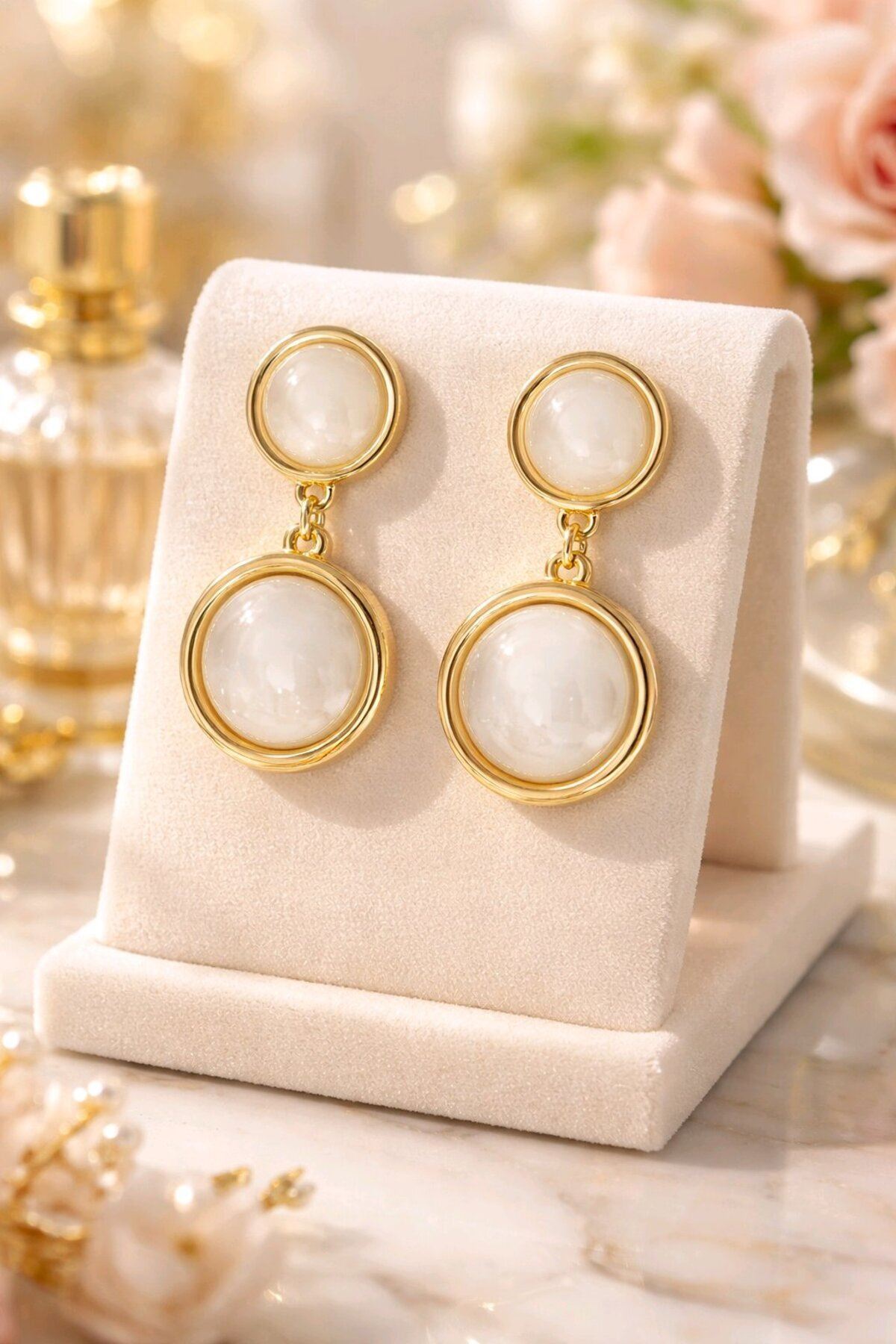 Gold Krem Boncuklu Sallantılı Küpe