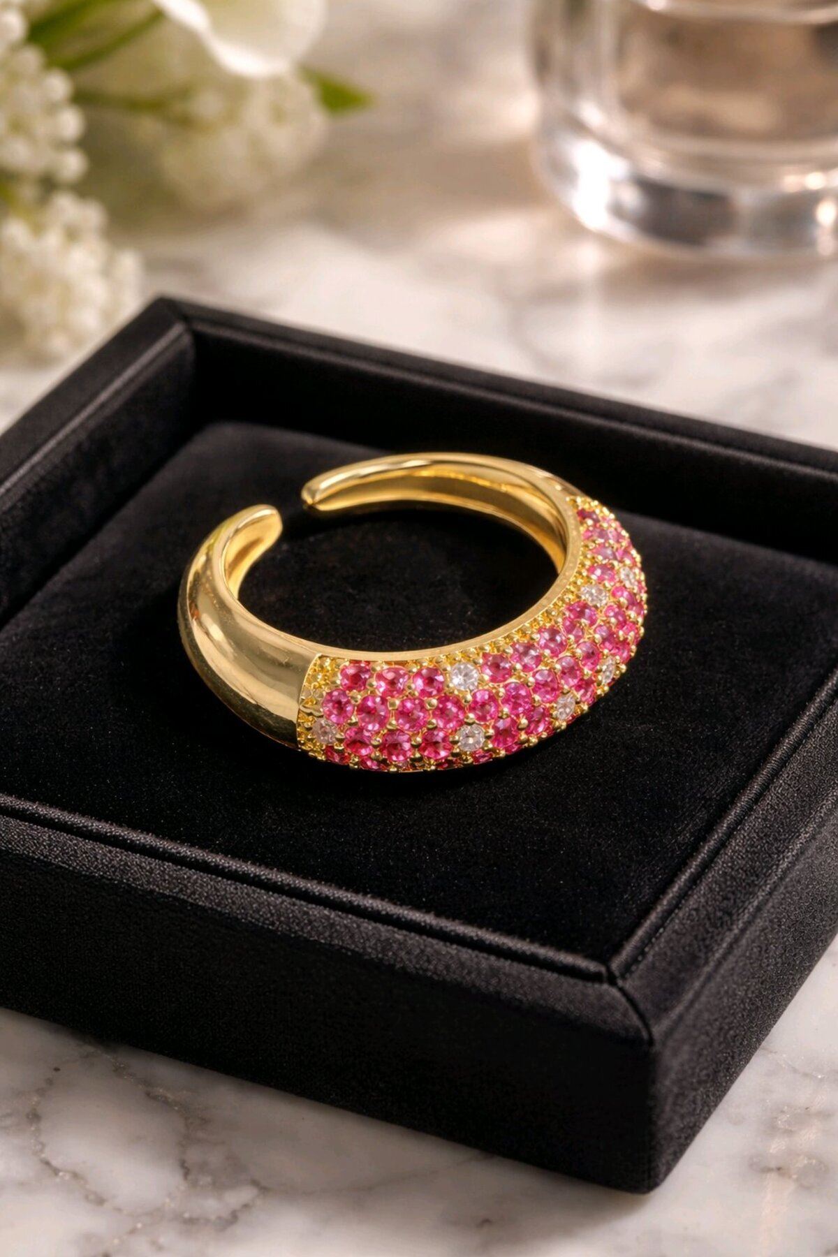 Çelik Gold Pembe Taşlı Ayarlanabilir Yüzük