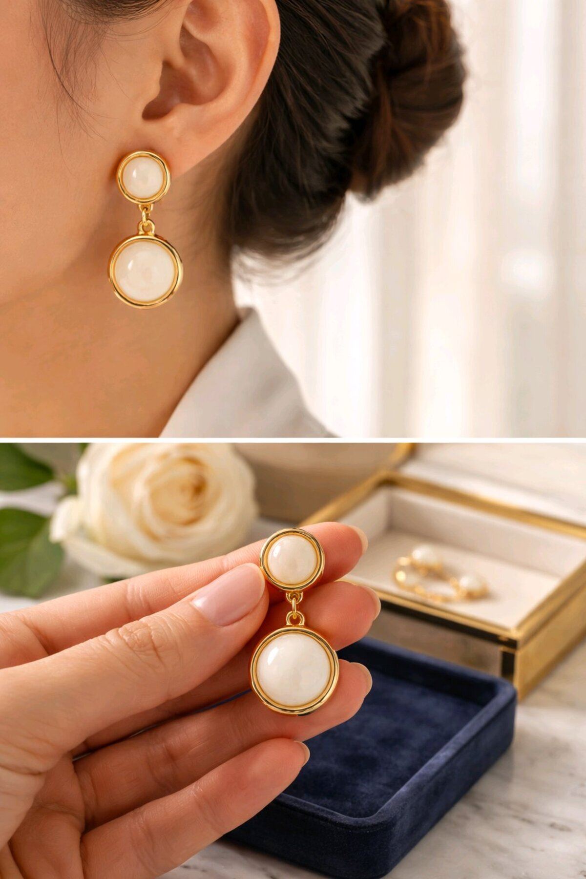 Gold Krem Boncuklu Sallantılı Küpe