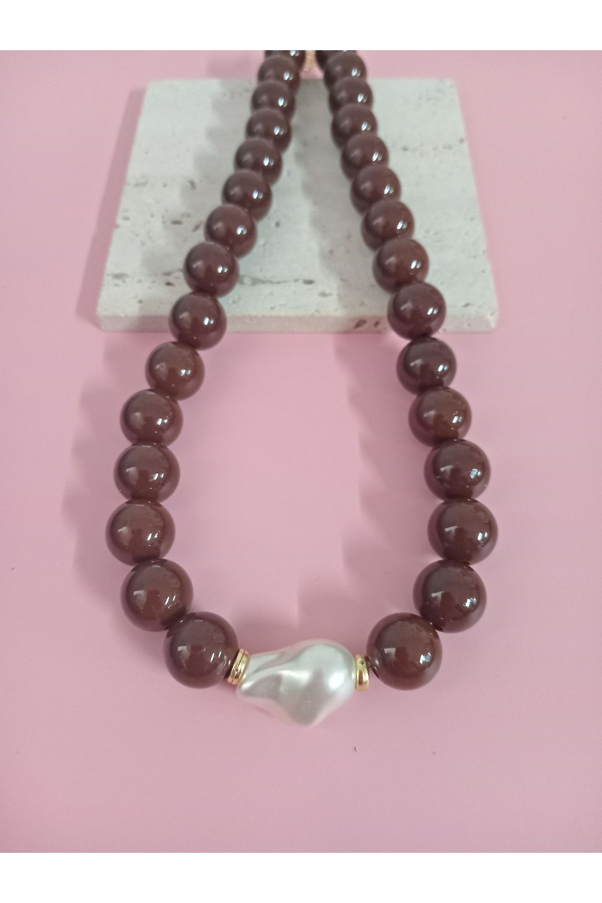 Kahverengi Boncuklu İncili (44cm +6cm) Şık Kadın Kolye