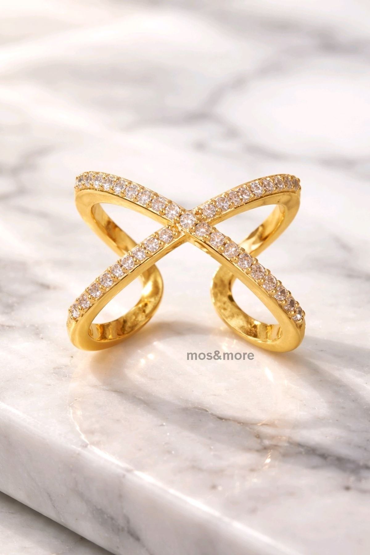 Gold Zirkon Taşlı Çapraz Yüzük, Ayarlanabilir