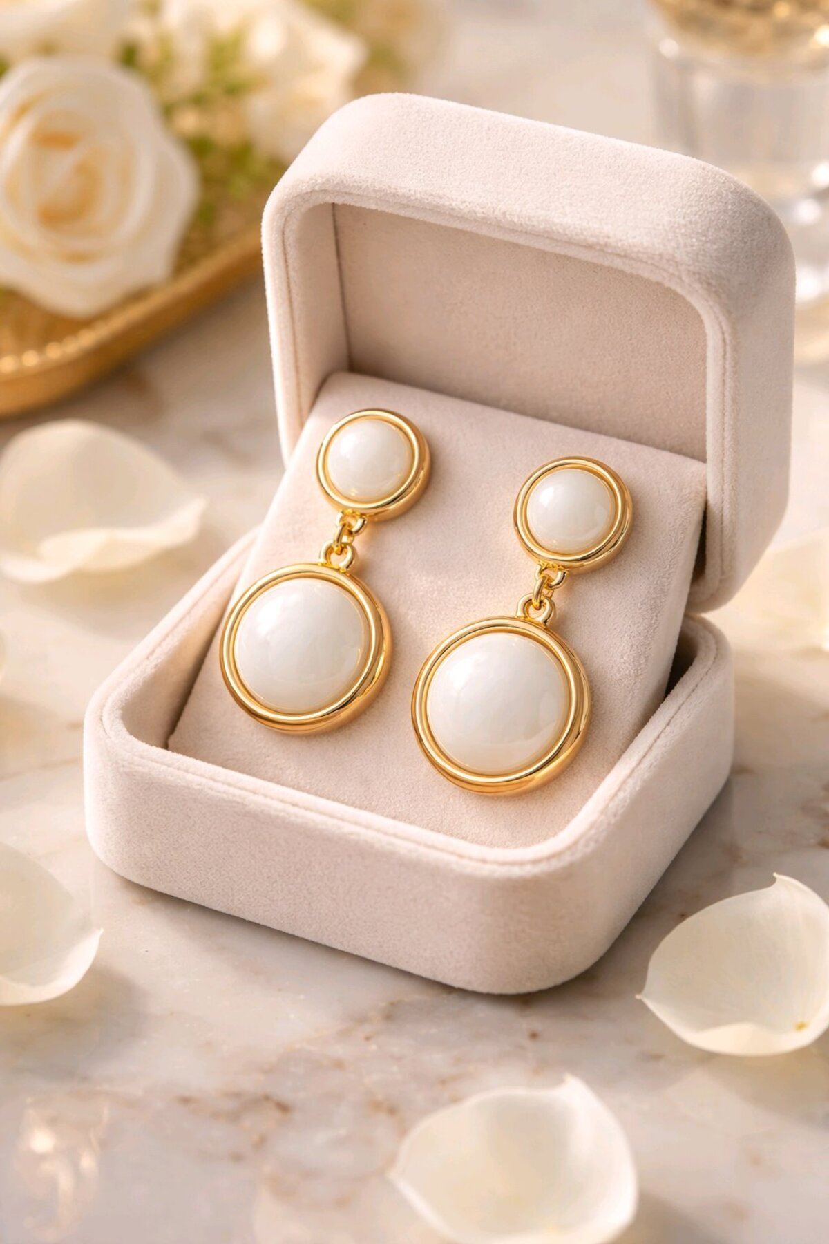 Gold Krem Boncuklu Sallantılı Küpe