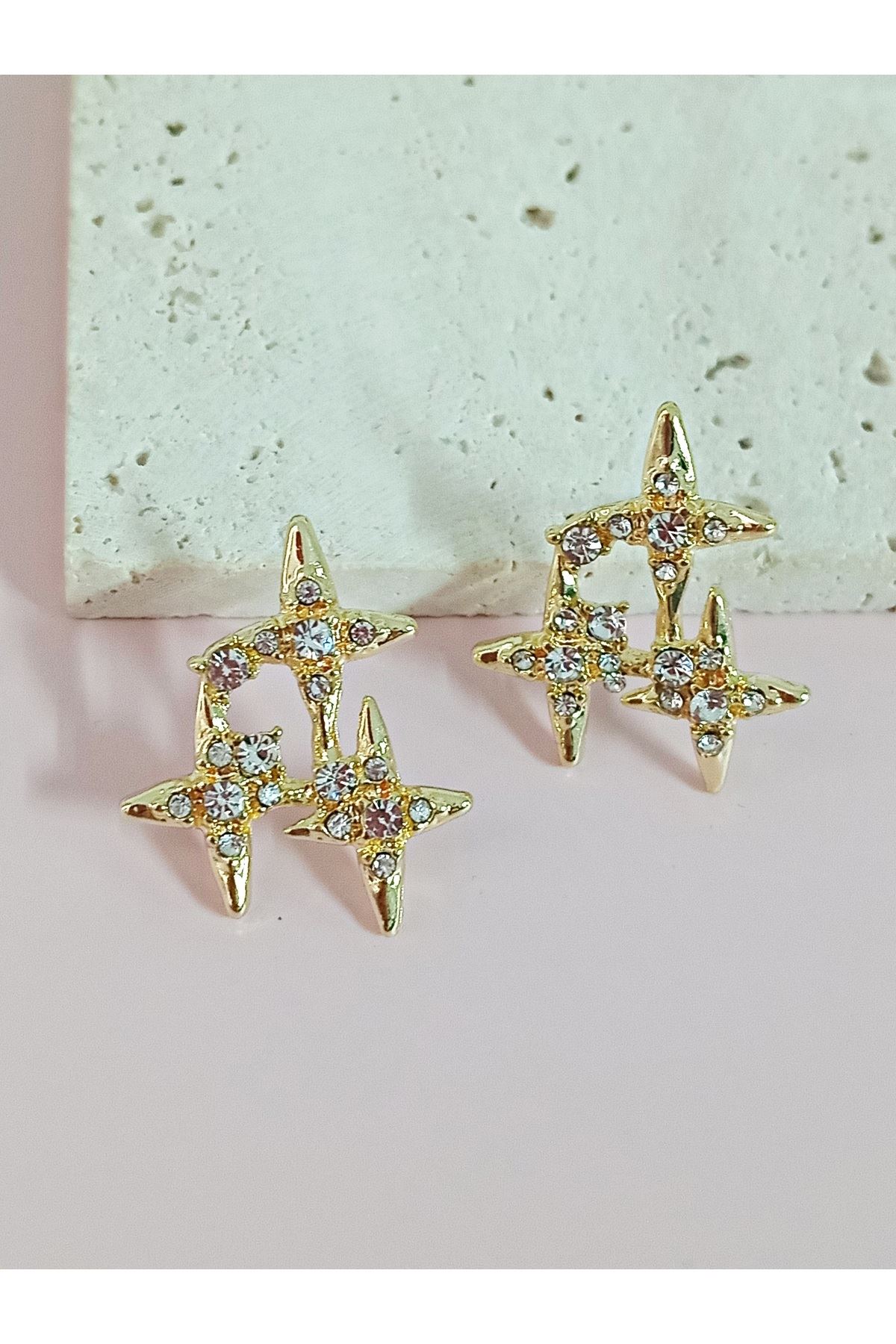 Gold Taşlı Yıldızlar Kadın Küpe
