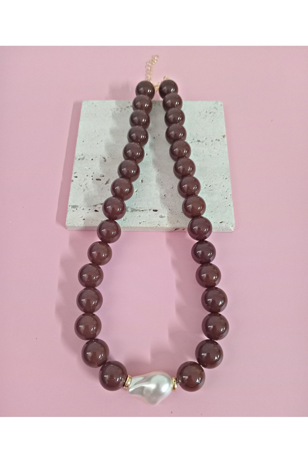 Kahverengi Boncuklu İncili (44cm +6cm) Şık Kadın Kolye