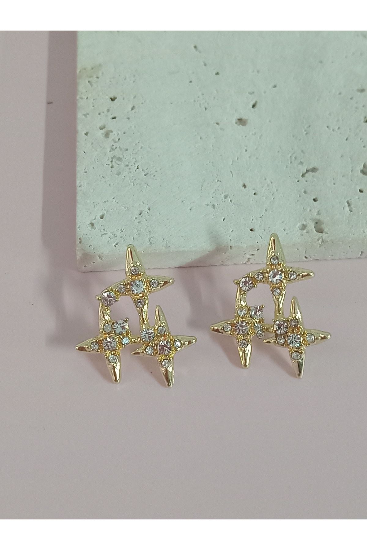Gold Taşlı Yıldızlar Kadın Küpe