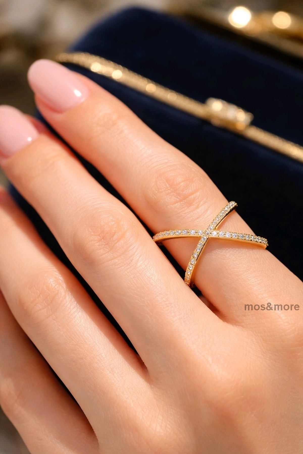 Gold Zirkon Taşlı Çapraz Yüzük, Ayarlanabilir