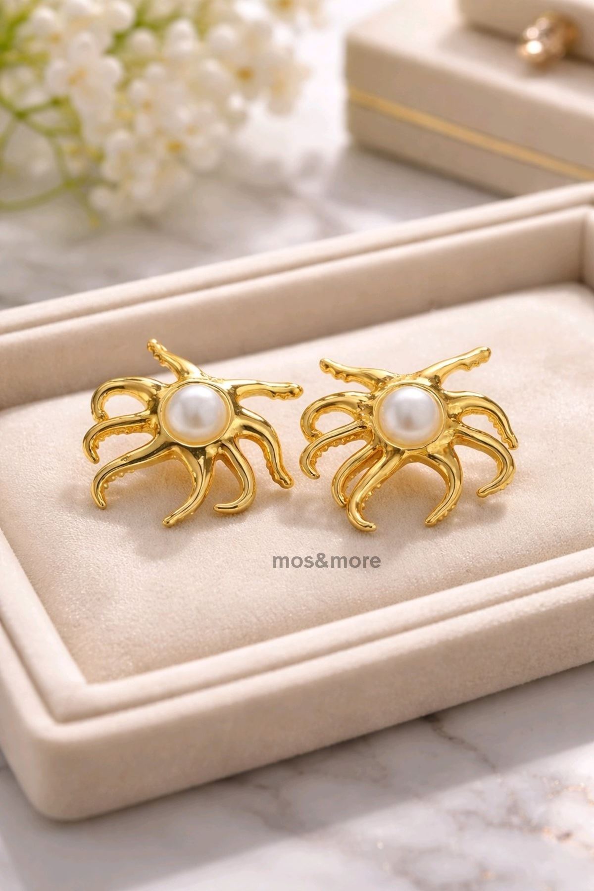 Gold Krem İnci Ahtapot Küpe