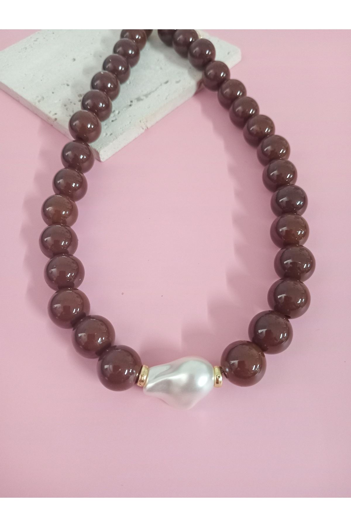 Kahverengi Boncuklu İncili (44cm +6cm) Şık Kadın Kolye