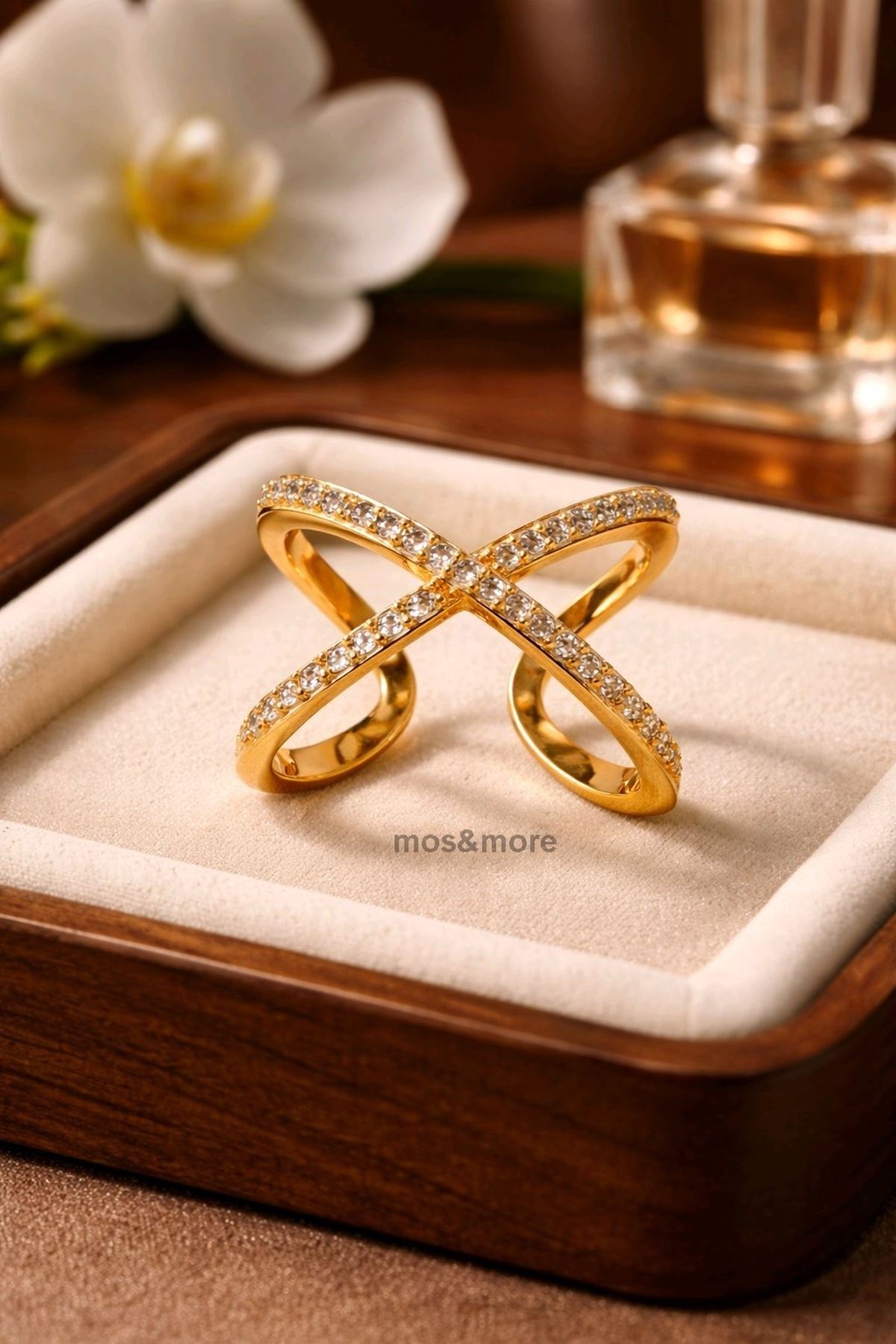 Gold Zirkon Taşlı Çapraz Yüzük, Ayarlanabilir