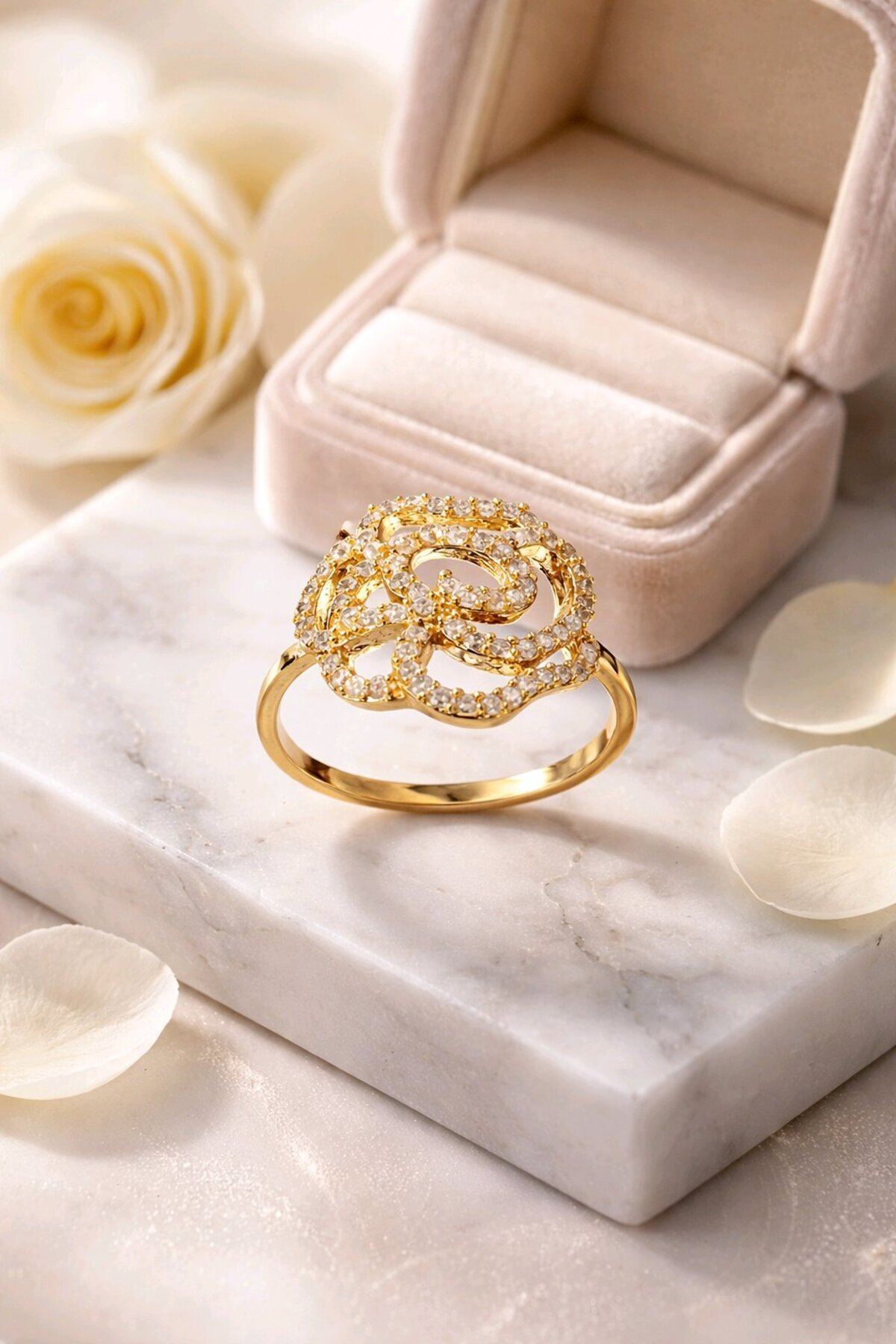 Gold Zirkon Taşlı Gül Yüzük, Ayarlanabilir