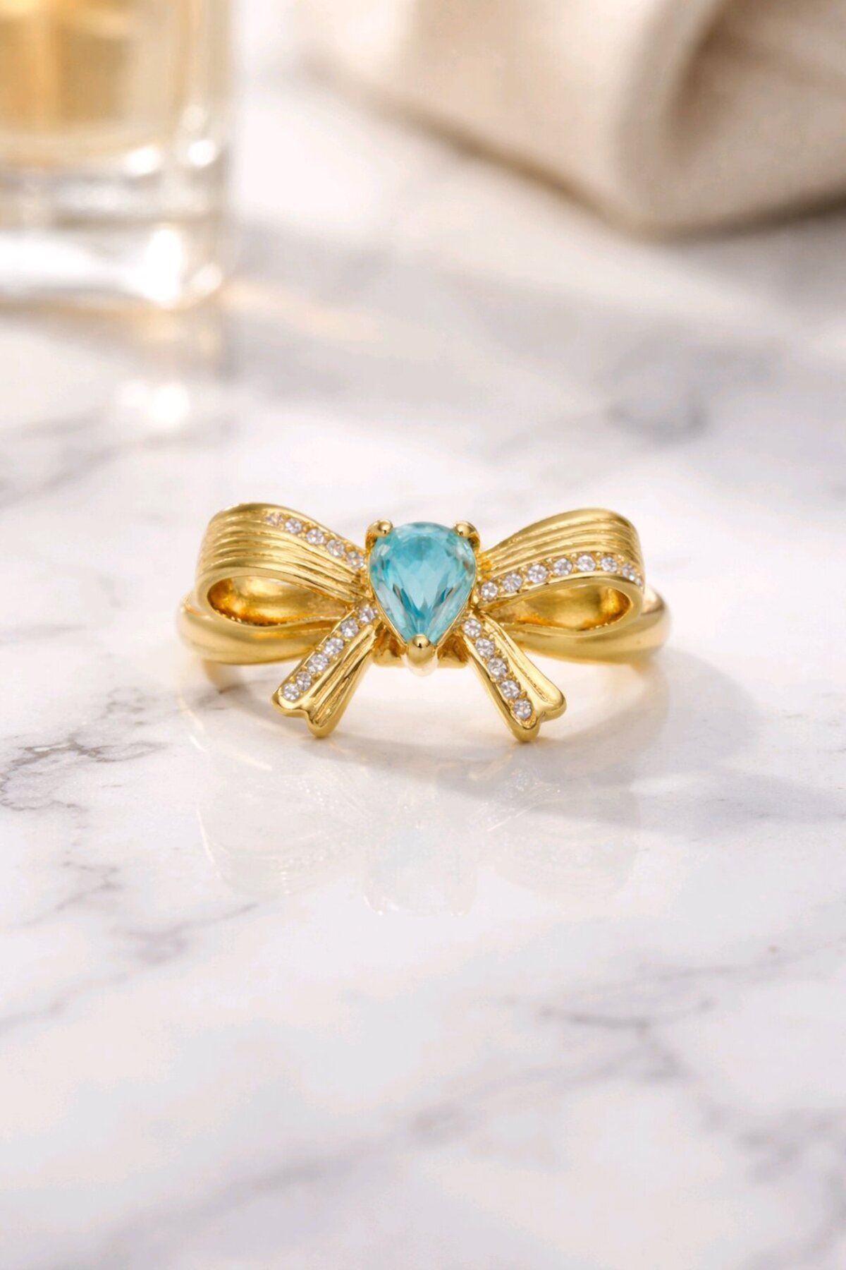 Gold Mavi Taşlı Kurdele Yüzük, Ayarlanabilir