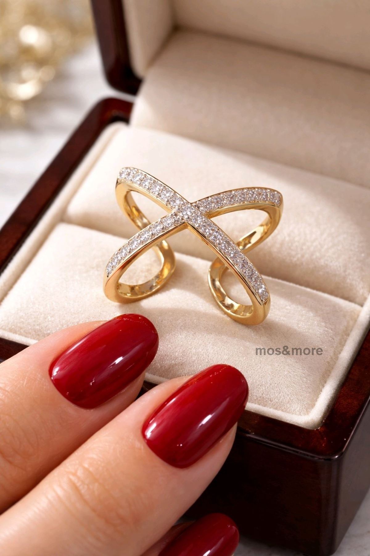Gold Zirkon Taşlı Çapraz Yüzük, Ayarlanabilir