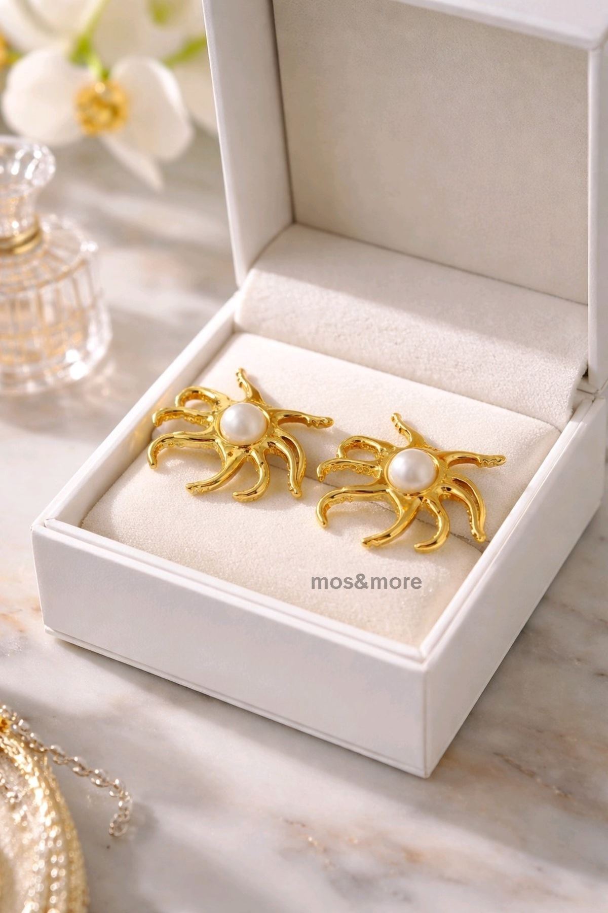 Gold Krem İnci Ahtapot Küpe