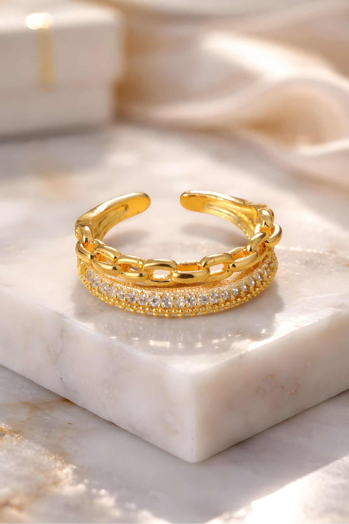 Gold İkili Görünümlü Zincir Yüzük, Ayarlanabilir