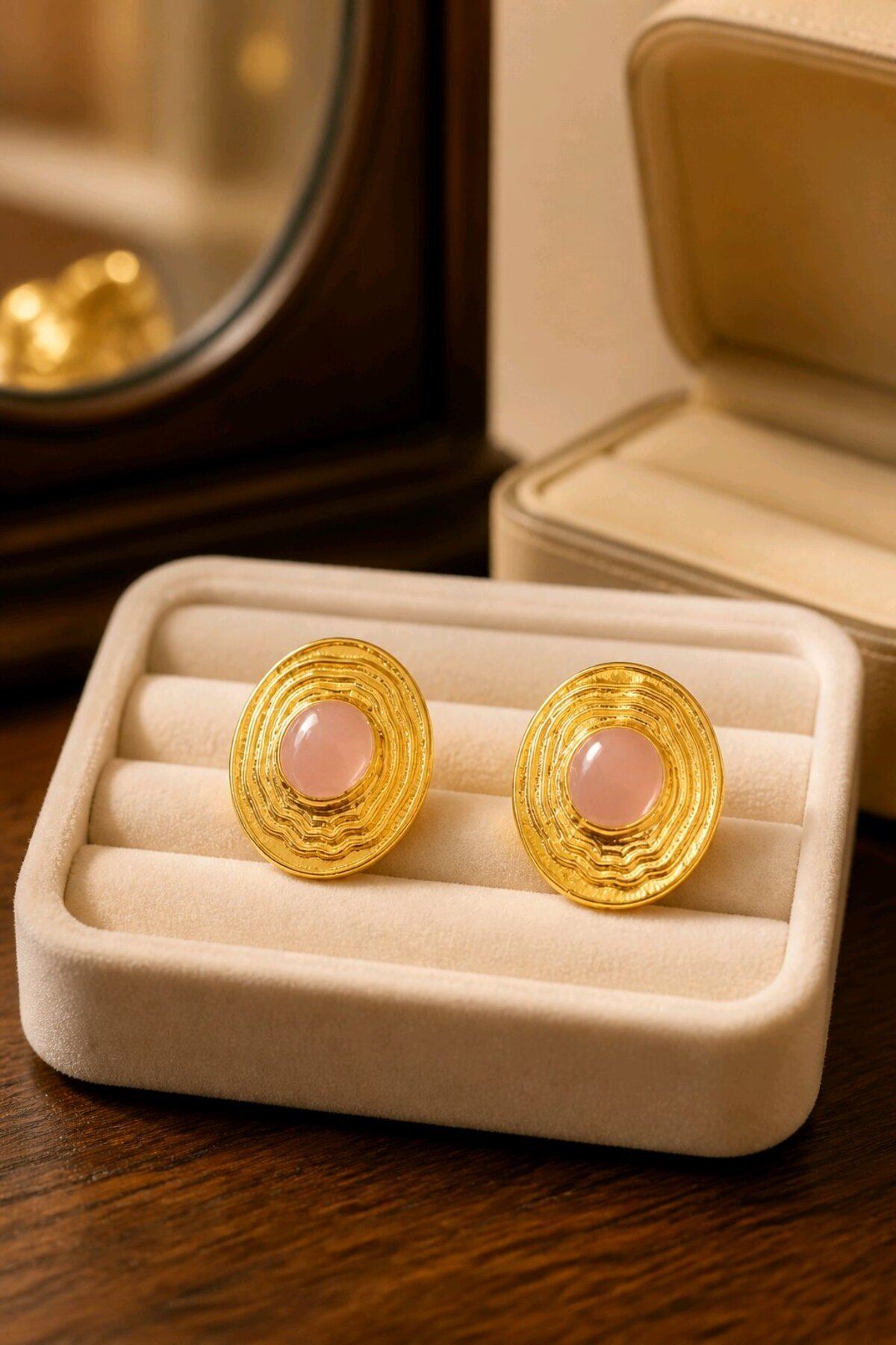 Gold Pembe Mineli Oval Küpe, Uzunluk:2cm