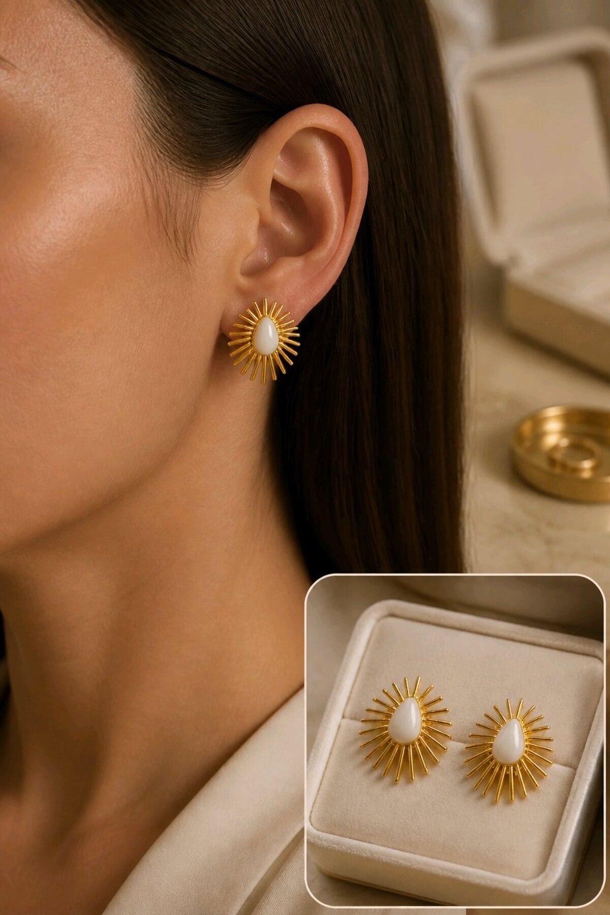 Gold Beyaz Mineli Oval Küpe, Uzunluk:2 cm