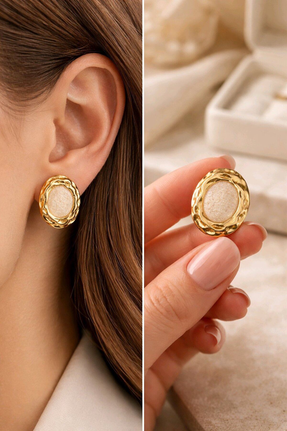 Gold Beyaz Sedefli Oval Basic Küpe