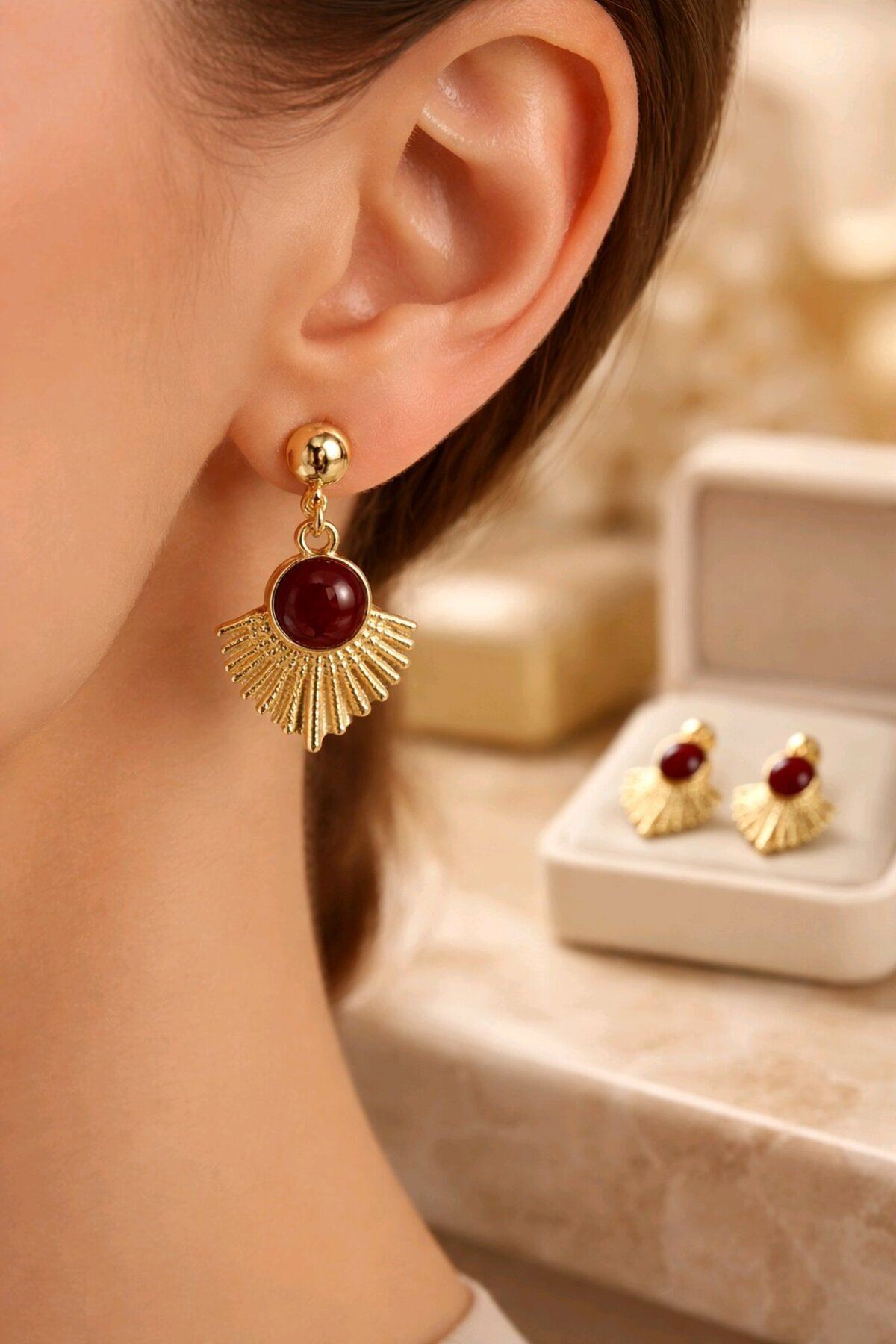 Gold Bordo Mineli Küpe, Çok Hafif