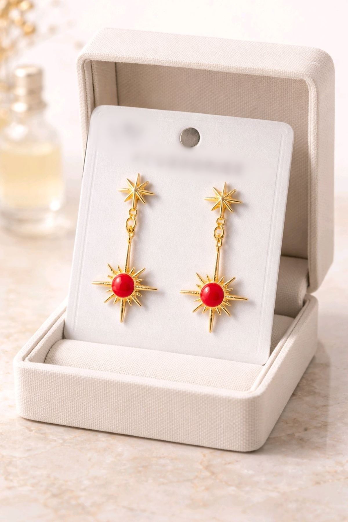 Gold Bordo Mineli Kuzey Yıldızı Küpe, Çok Hafif