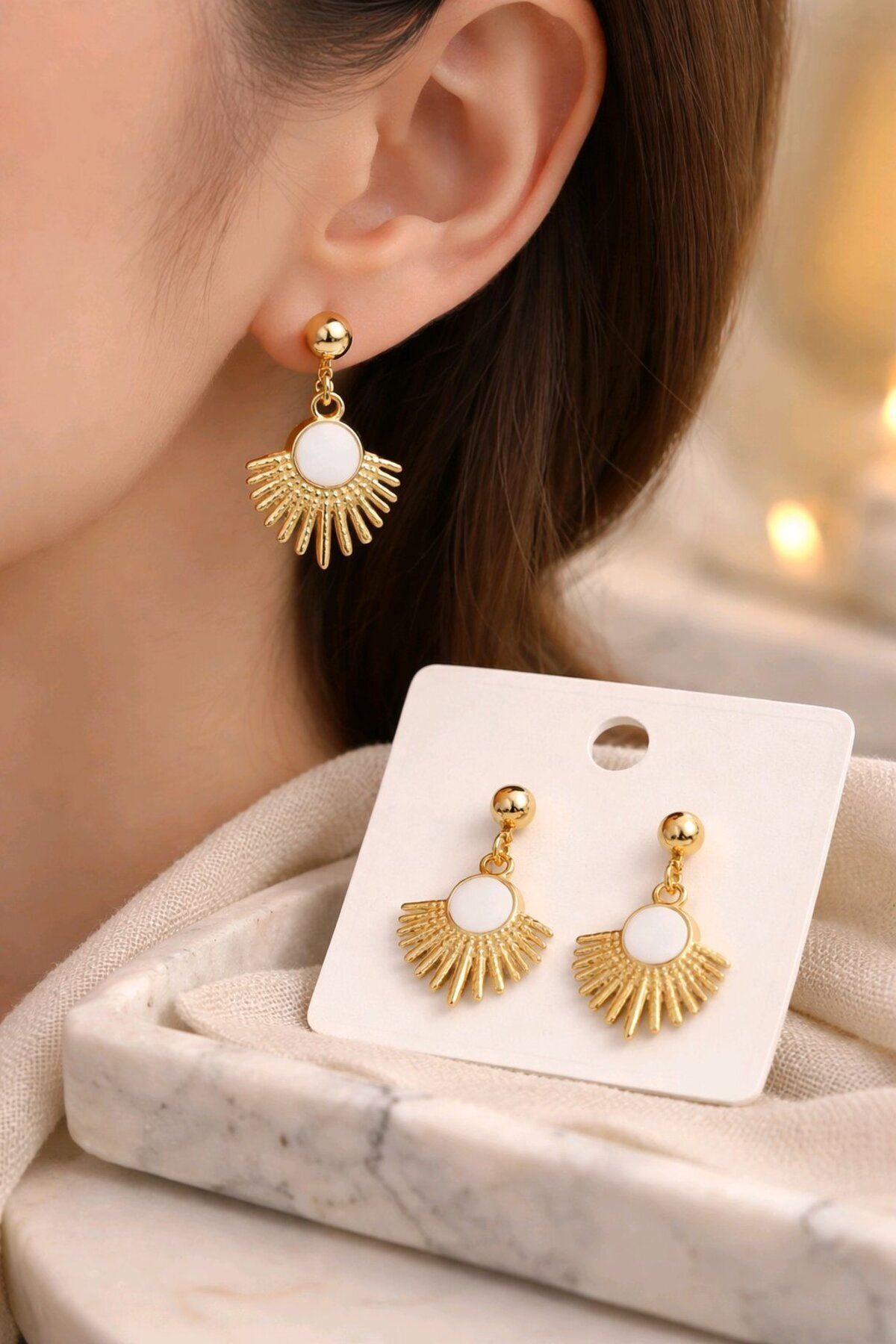 Gold Beyaz Mineli Küpe, Çok Hafif