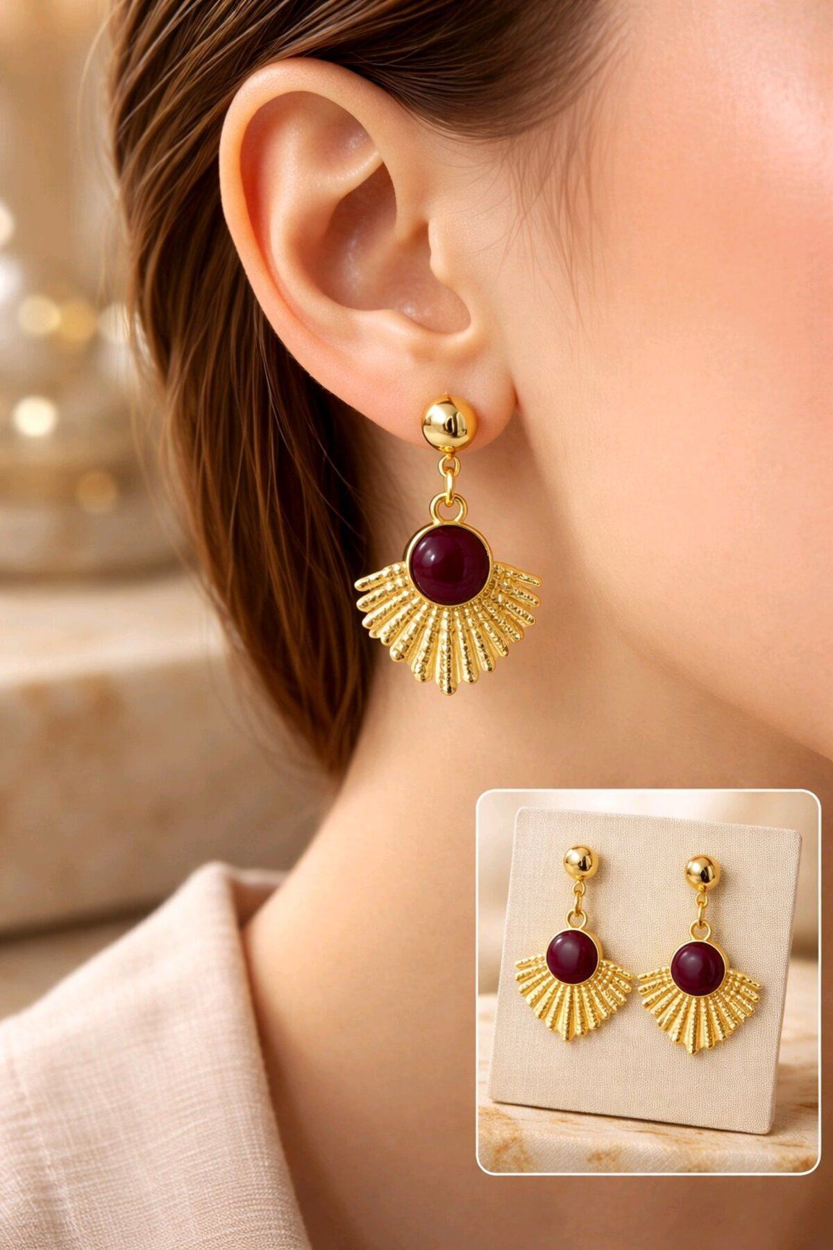 Gold Bordo Mineli Küpe, Çok Hafif