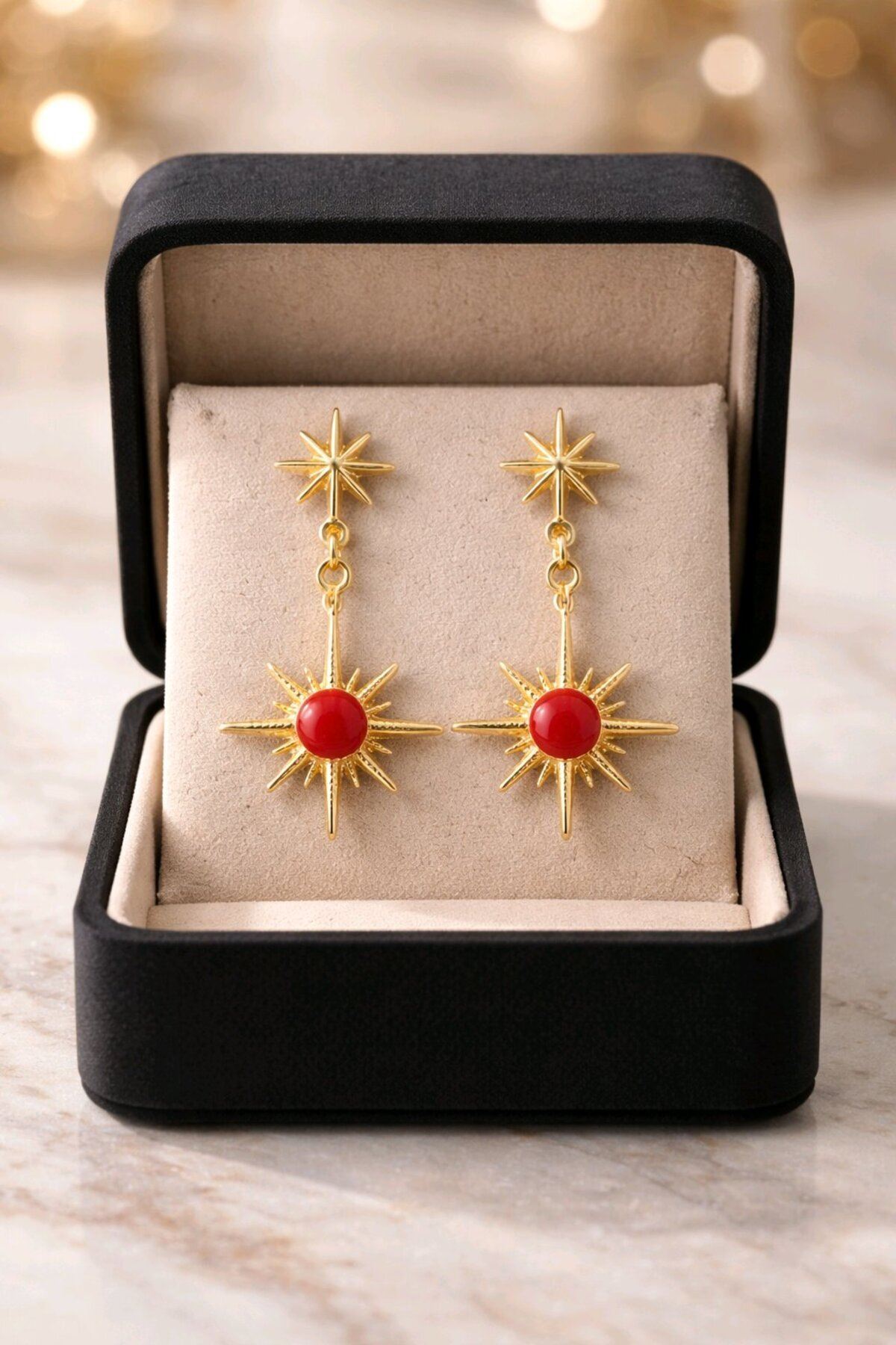 Gold Bordo Mineli Kuzey Yıldızı Küpe, Çok Hafif