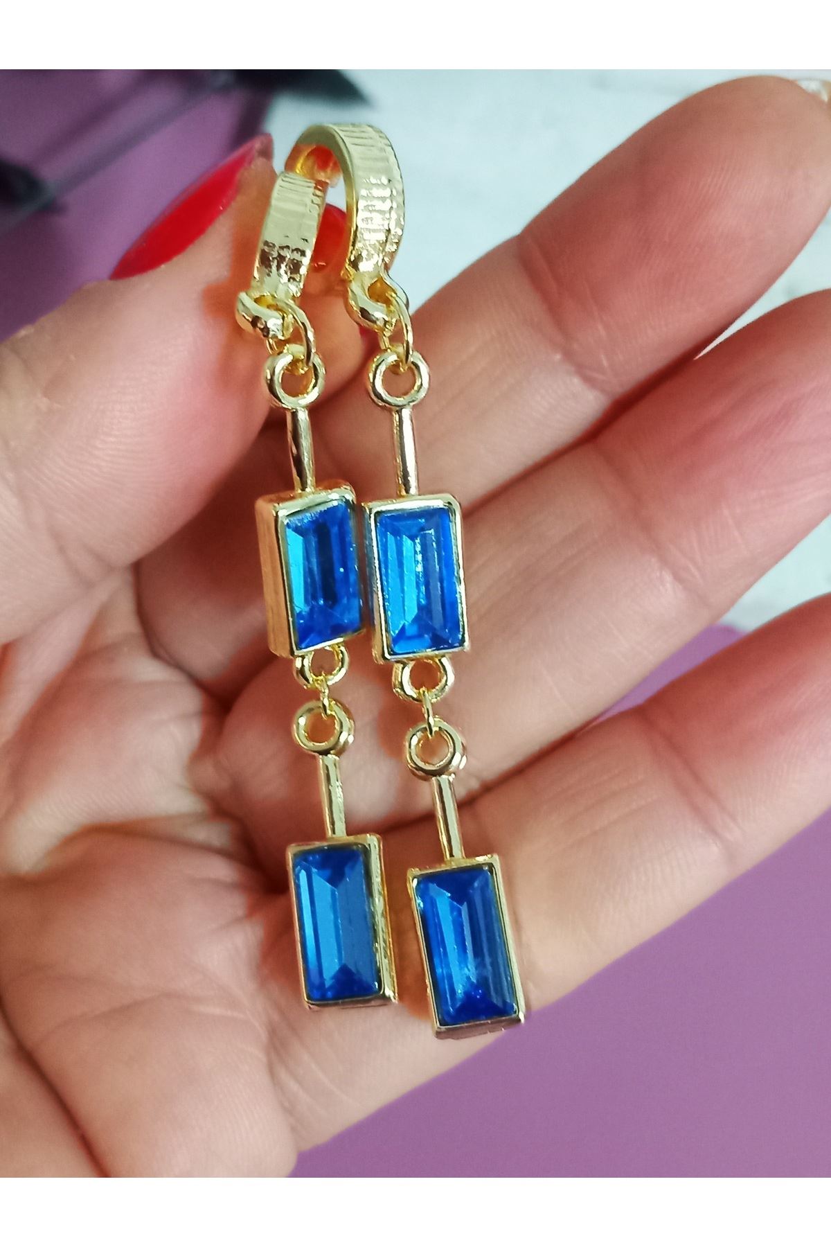 Lacivert Taşlı Gold Uzun Küpe