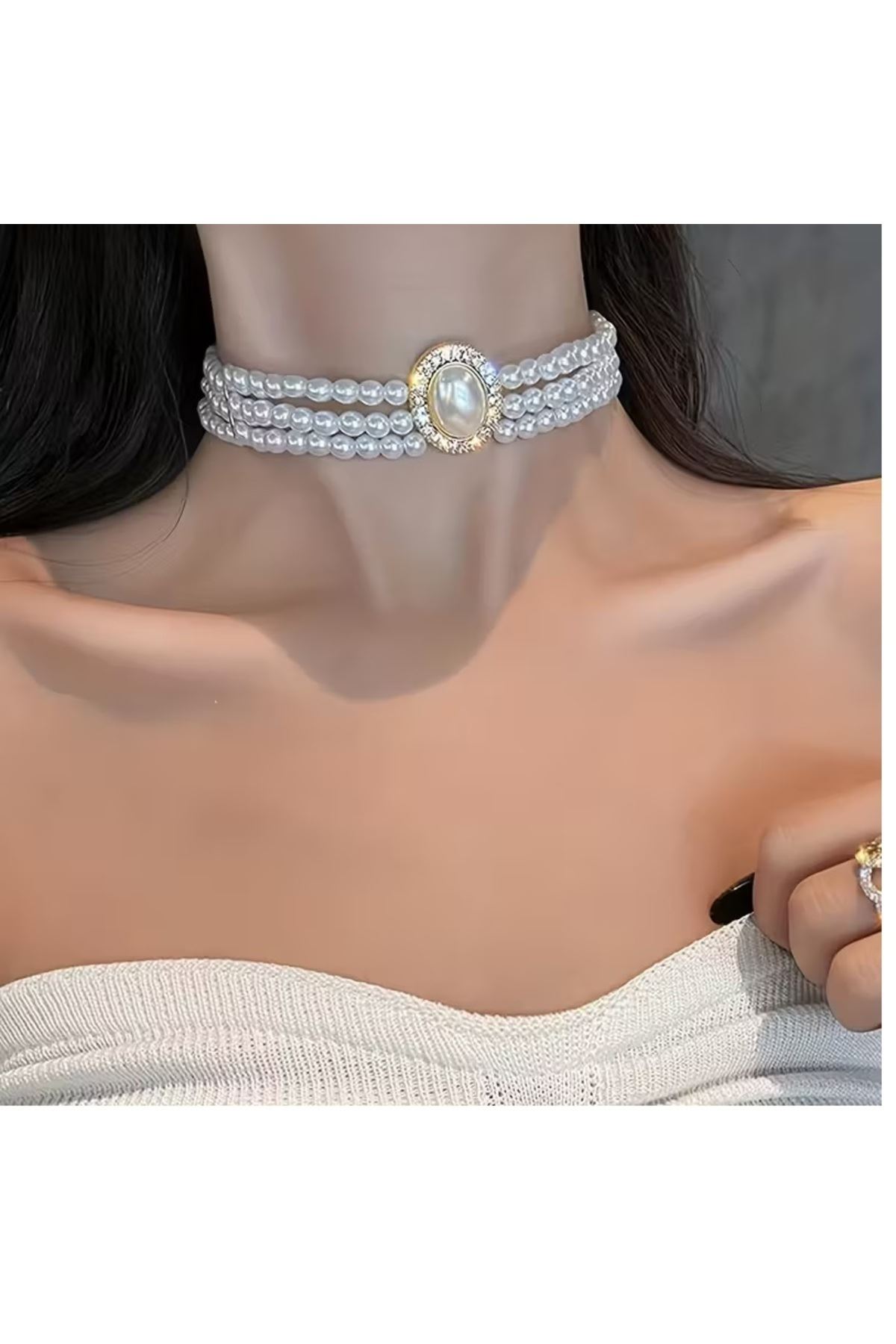 Gümüş 3 Sıralı İnci Chocker Şık Kadın Kolye