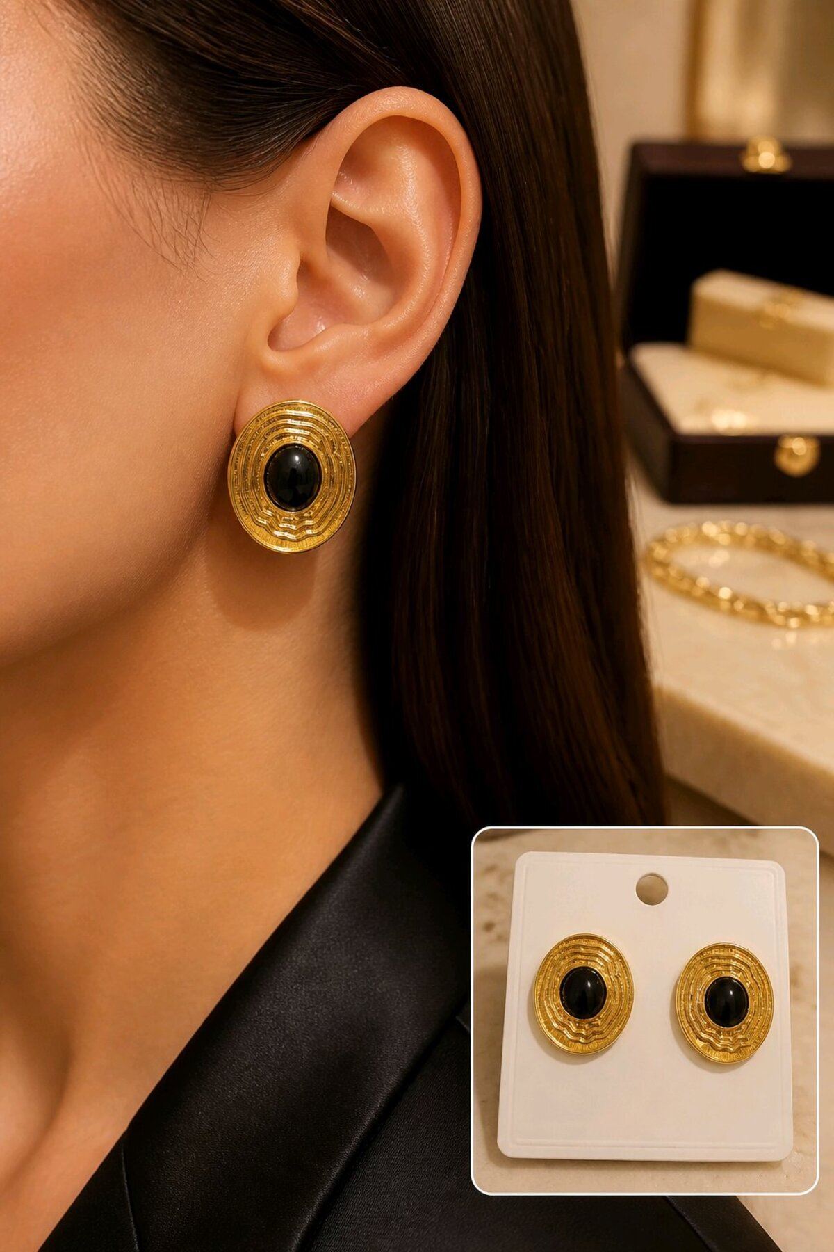 Gold Beyaz Mineli Oval Küpe