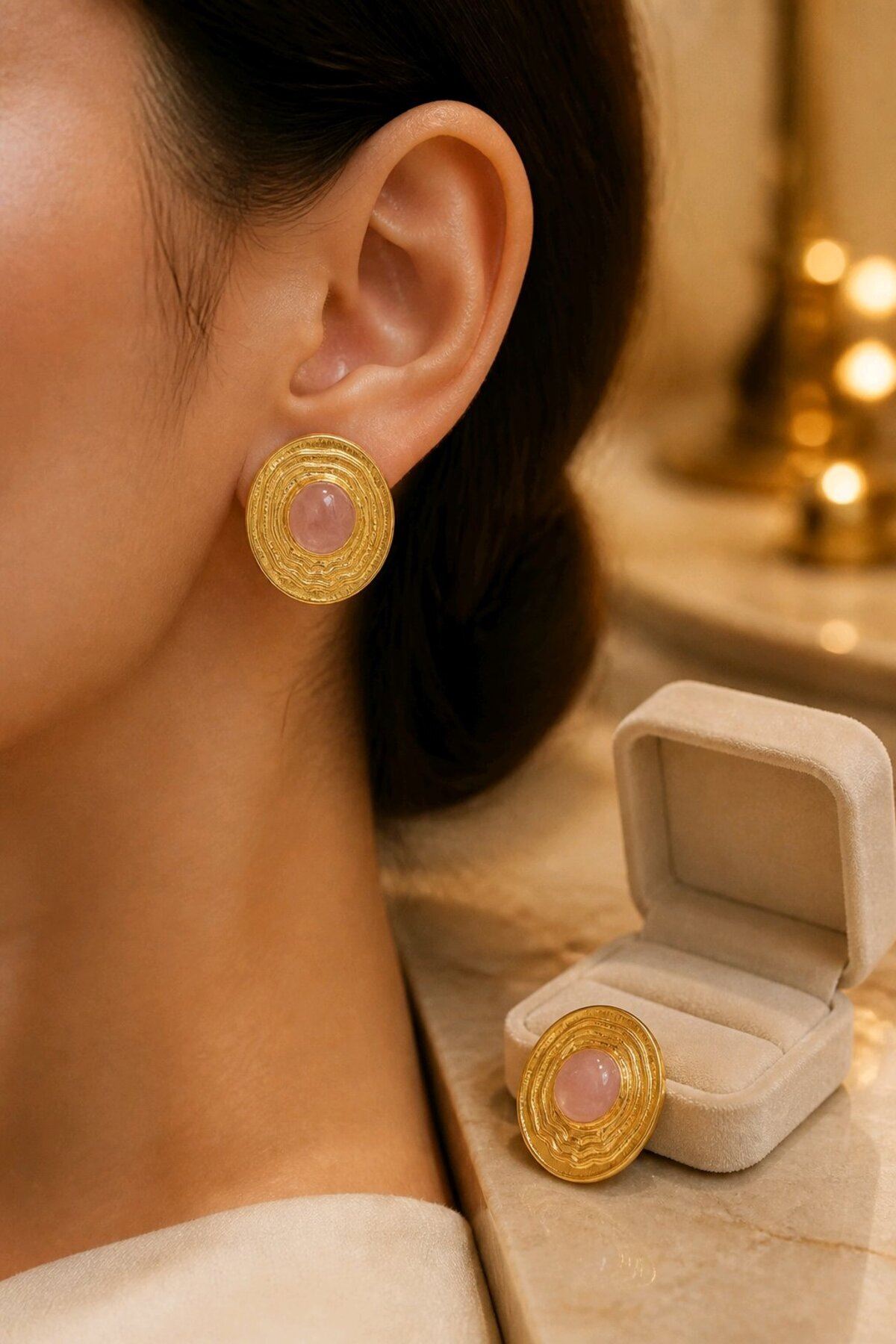 Gold Pembe Mineli Oval Küpe, Uzunluk:2cm