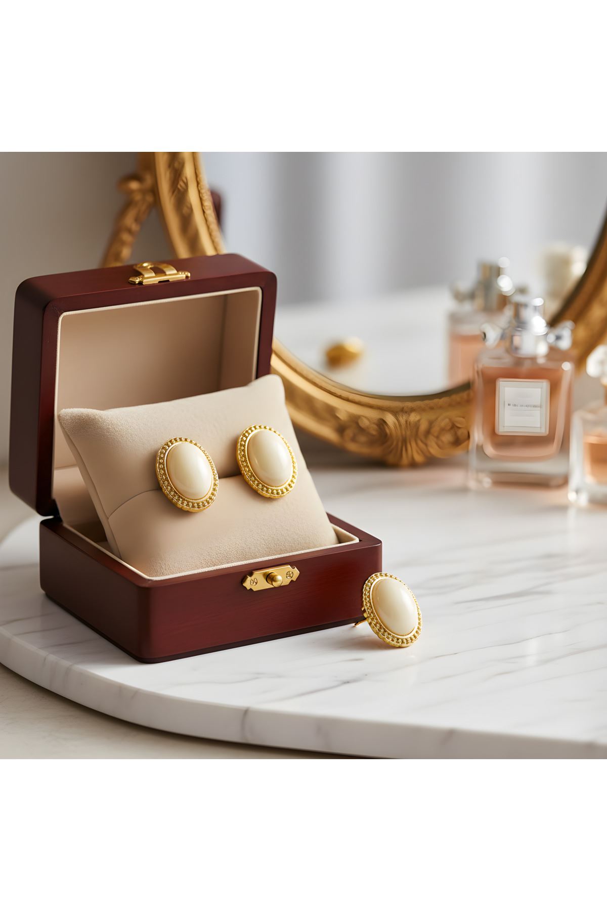 Gold Krem Taşlı Oval Şık Kadın Küpe