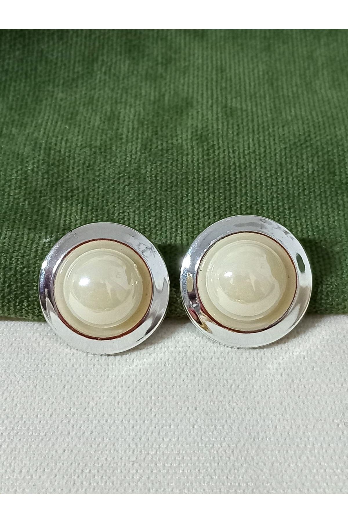 Gümüş Krem Incili Düğme Kadın Küpe, 2,5cm
