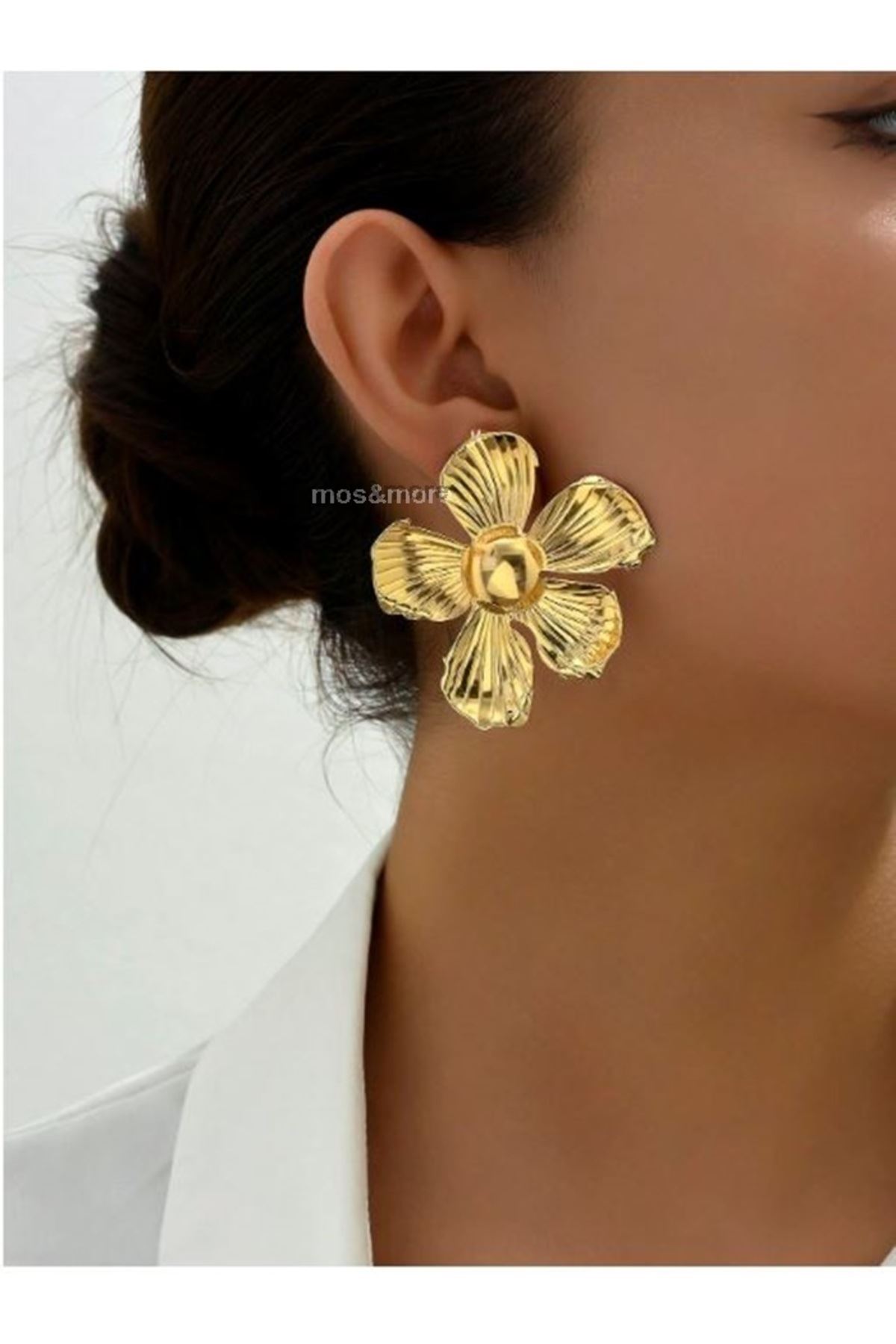 Gold Büyük Flower Çiçek Kadın Küpe, Çok Hafif