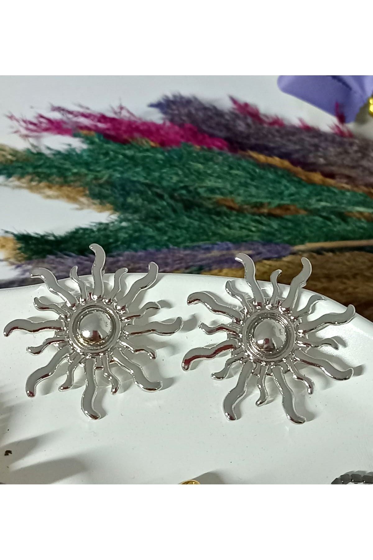 Gümüş Büyük (5CM) Güneş Kadın Küpe Premium