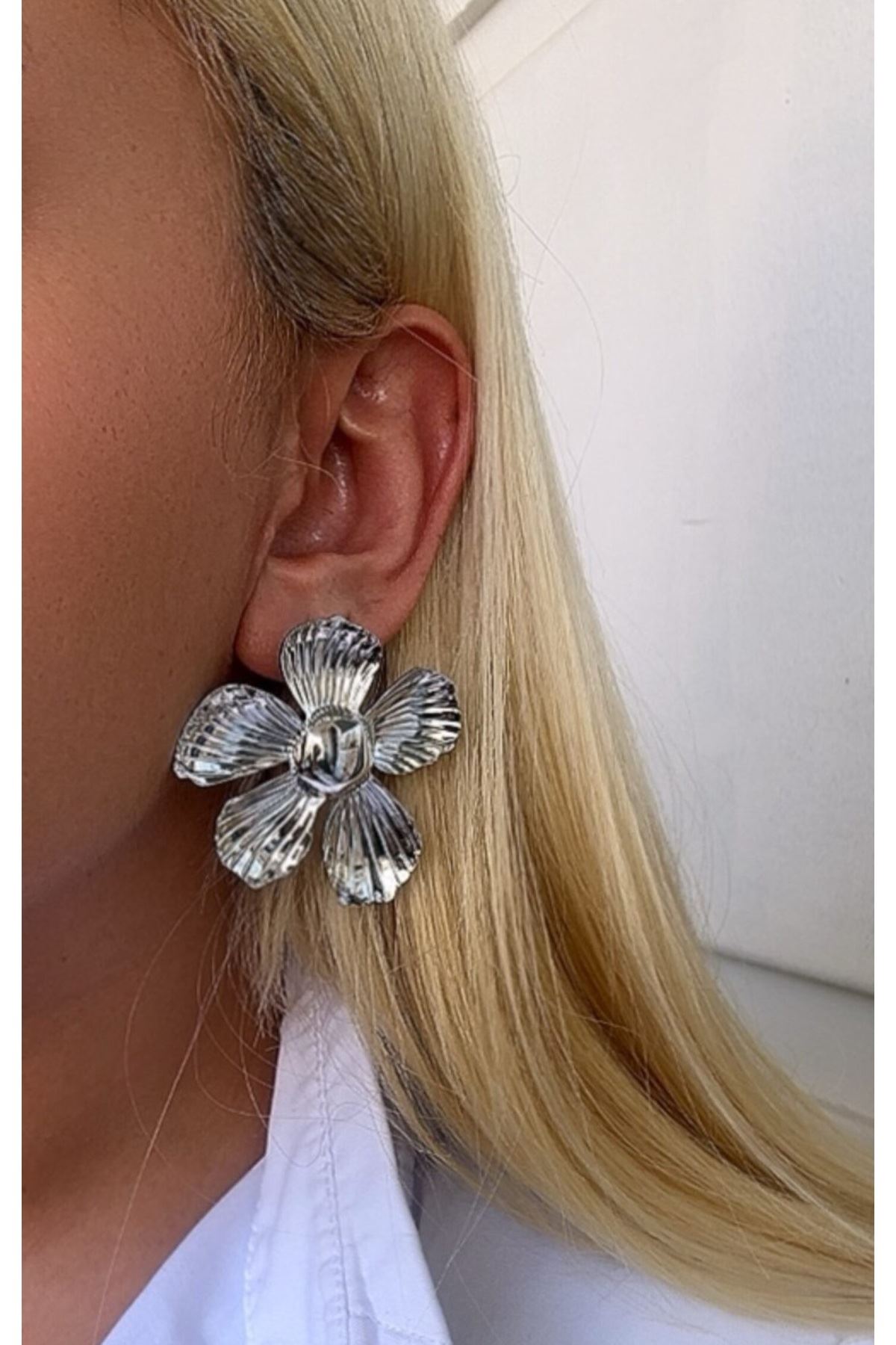 Gümüş Büyük Flower Çiçek Kadın Küpe, Çok Hafif