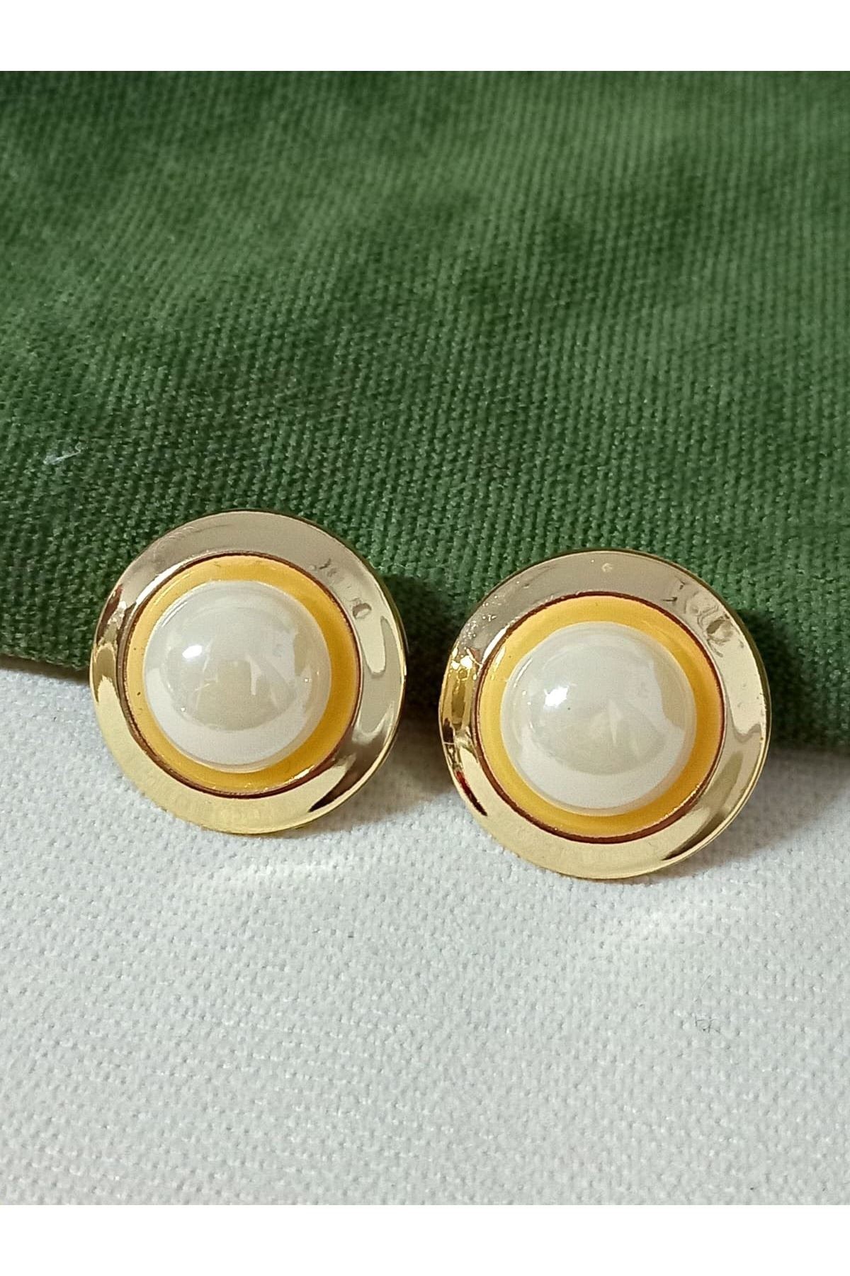 Gold Krem Incili Düğme Kadın Küpe, 2,5cm